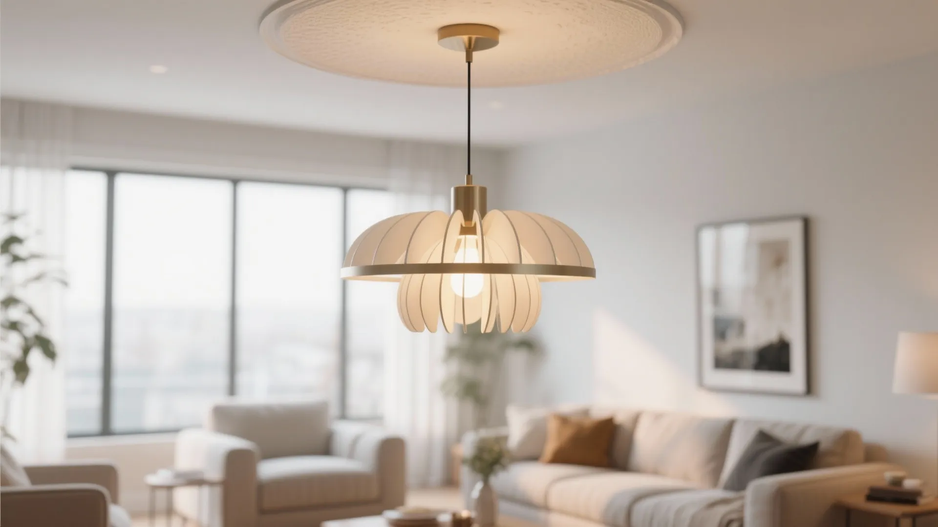 Modern pendant light fixture in living room with warm glow
