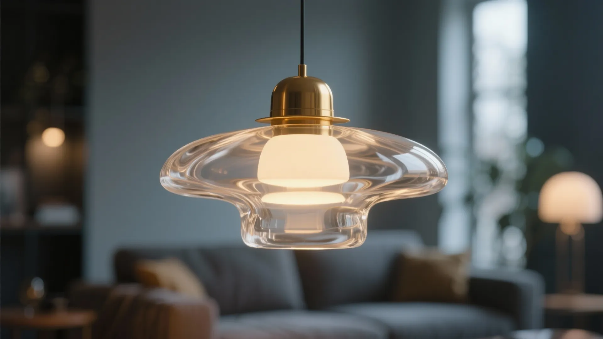 Modern glass ceiling light with gold metal top hanging in a cozy living room sofa