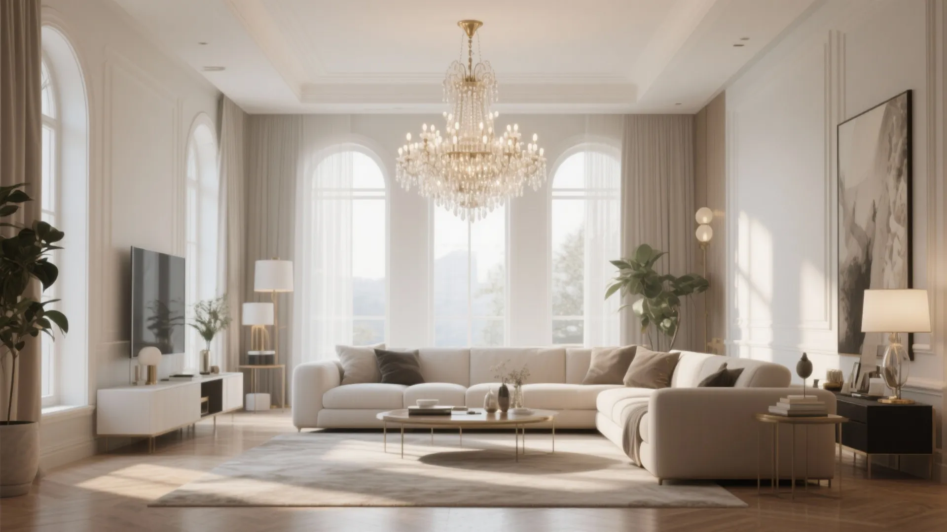 Luxury white living room with large ceiling light corner sofa tv stand and tall windows