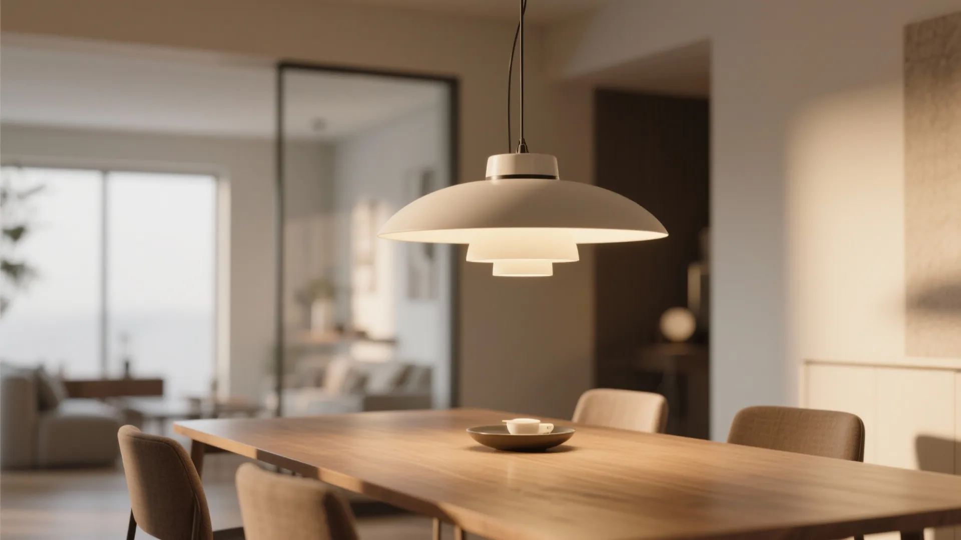 Large white ceiling light hanging over a wooden dining table in a warm modern room