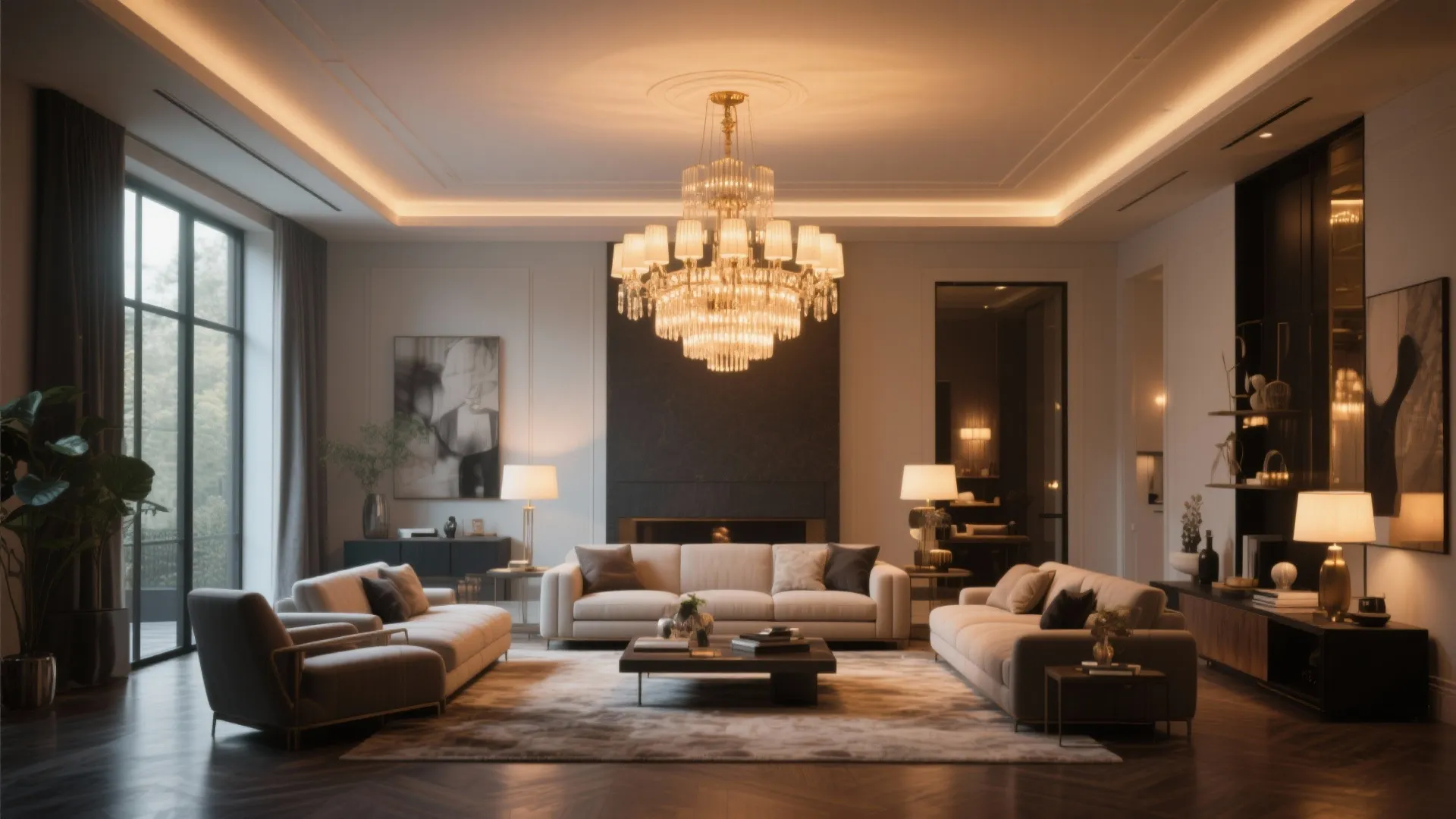 Elegant living room featuring large crystal ceiling light white sofas dark wall rug and windows
