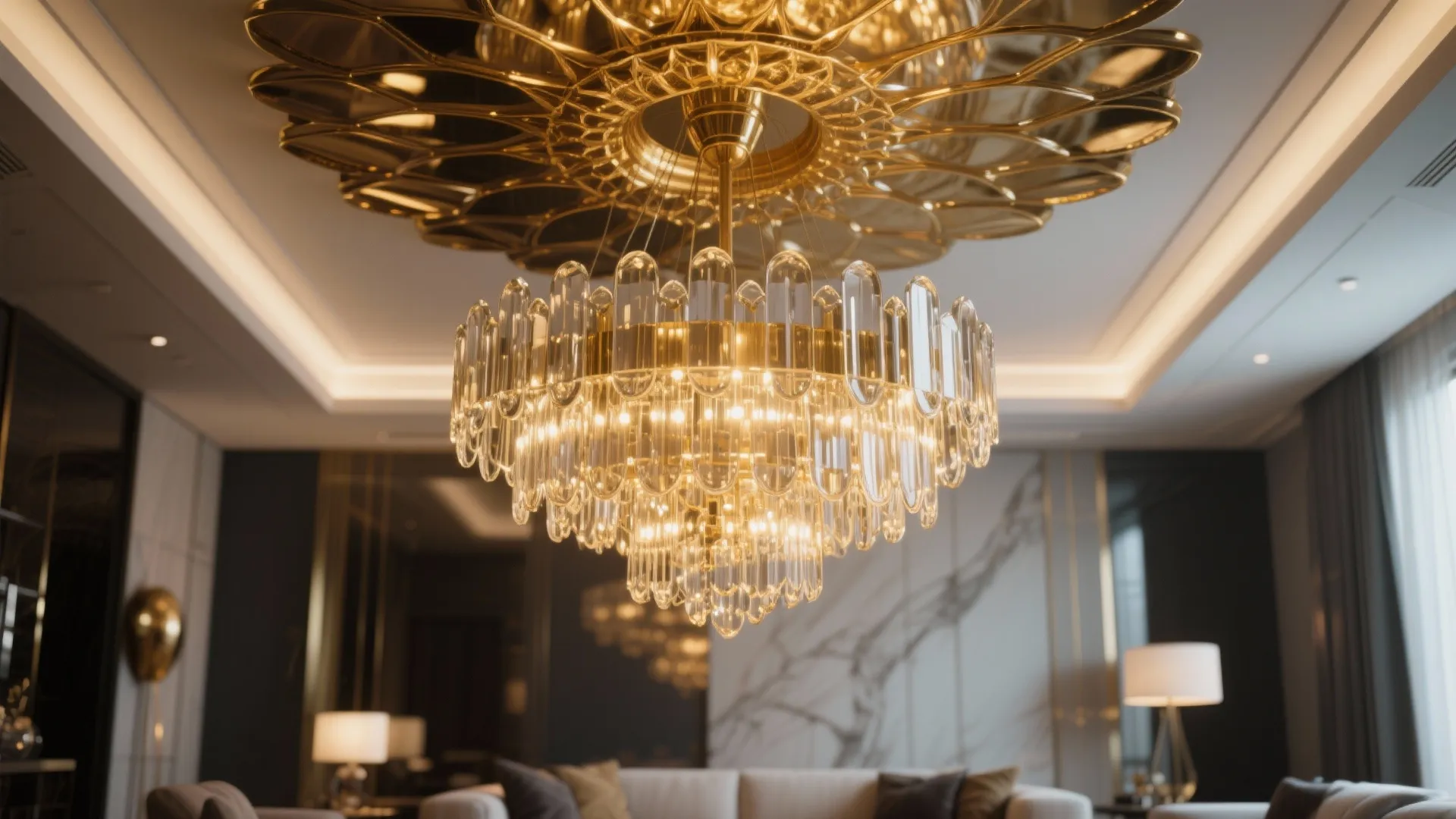 Large golden crystal ceiling light hanging in a luxury living room with modern wall panels