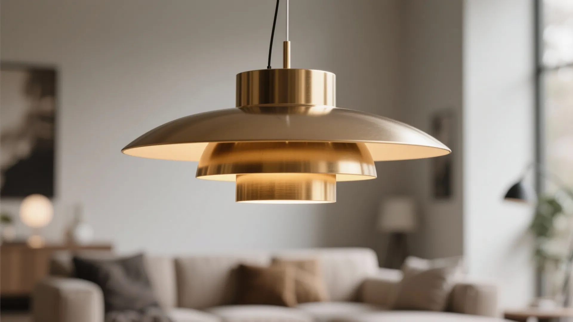 Modern gold layered ceiling light hanging in a living room with a sofa and brightness
