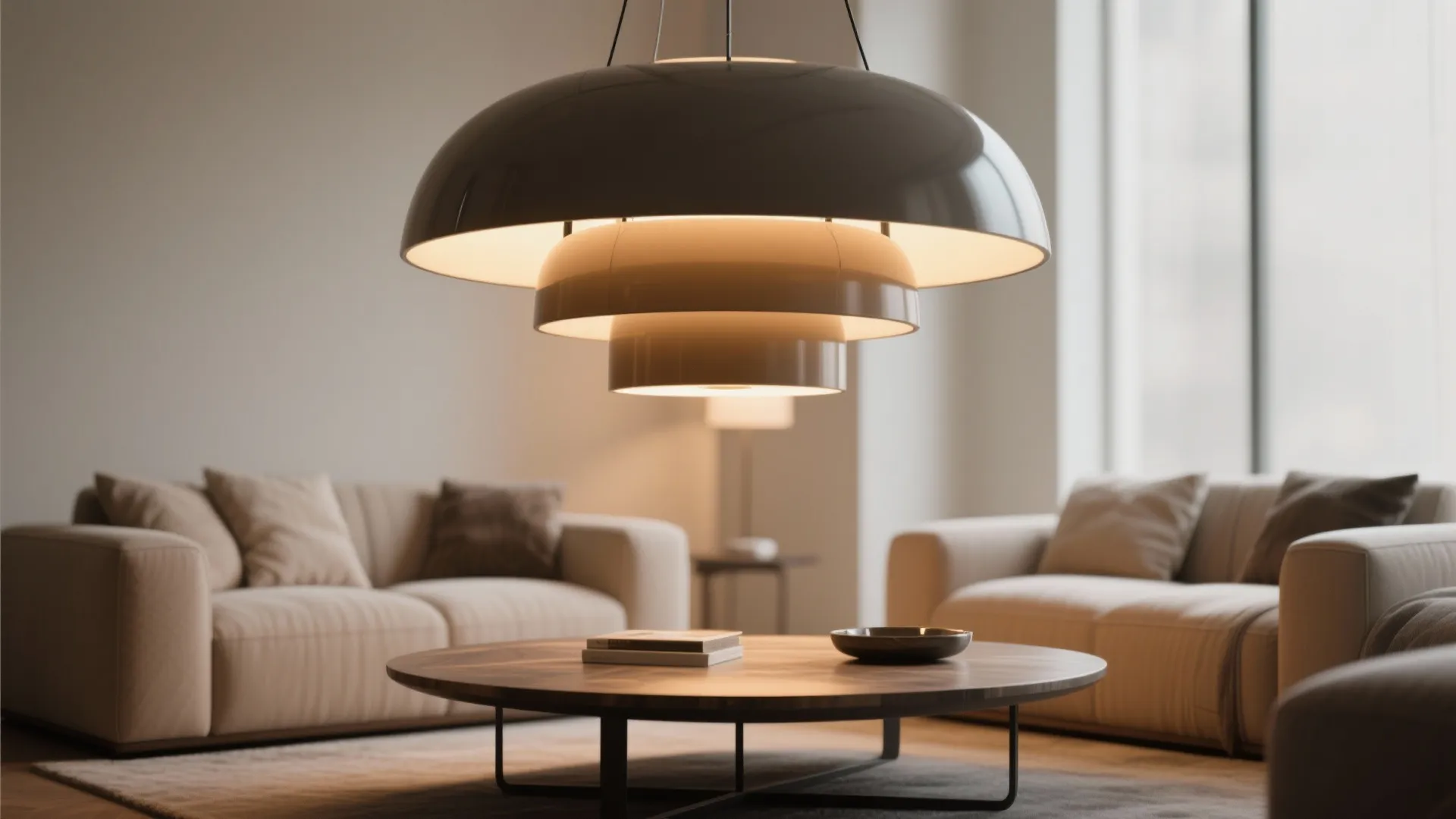 Modern tiered ceiling light hanging over a round wooden table between two beige living room sofas