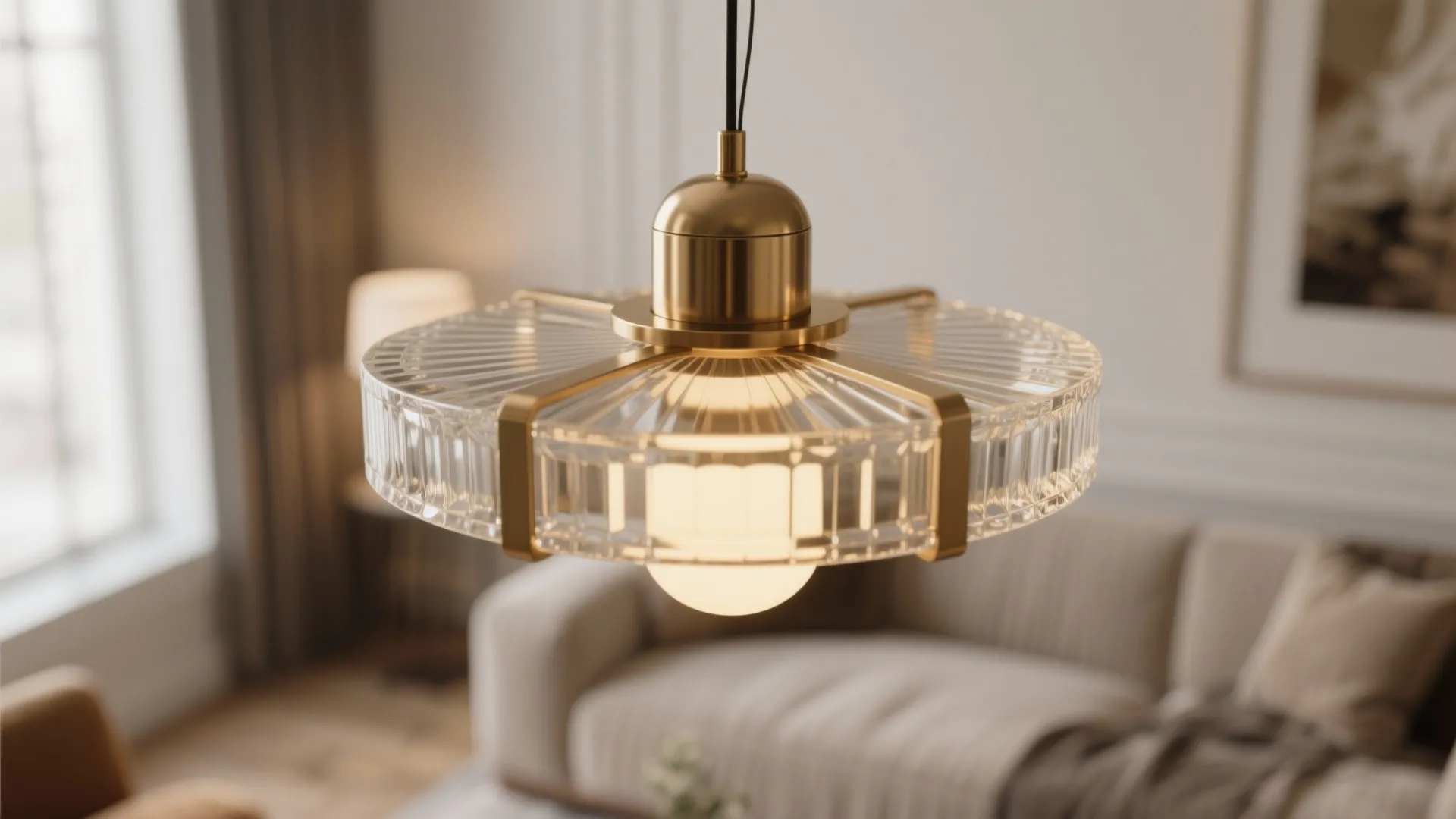 Close up of a gold and glass ceiling light hanging in a bright living room
