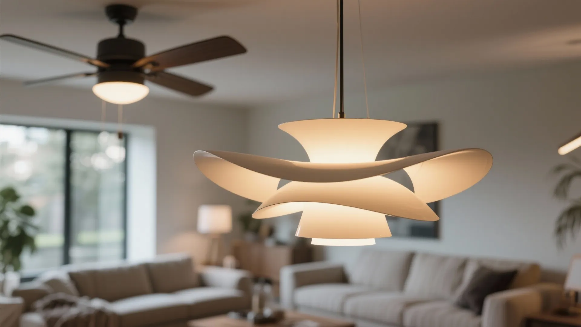 Modern white ceiling light with unique curved layers hanging in a cozy living room home setting