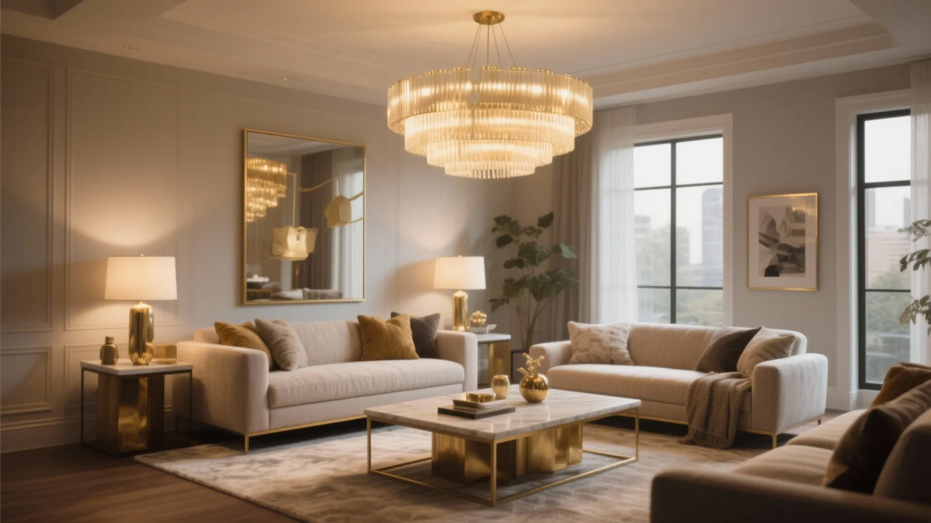 Elegant living room with beige sofas, gold coffee table, large ceiling light, and wall panel