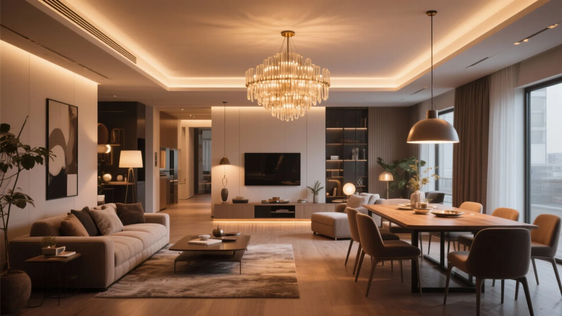 Modern open plan living room with large crystal ceiling light wooden dining table and beige sofa