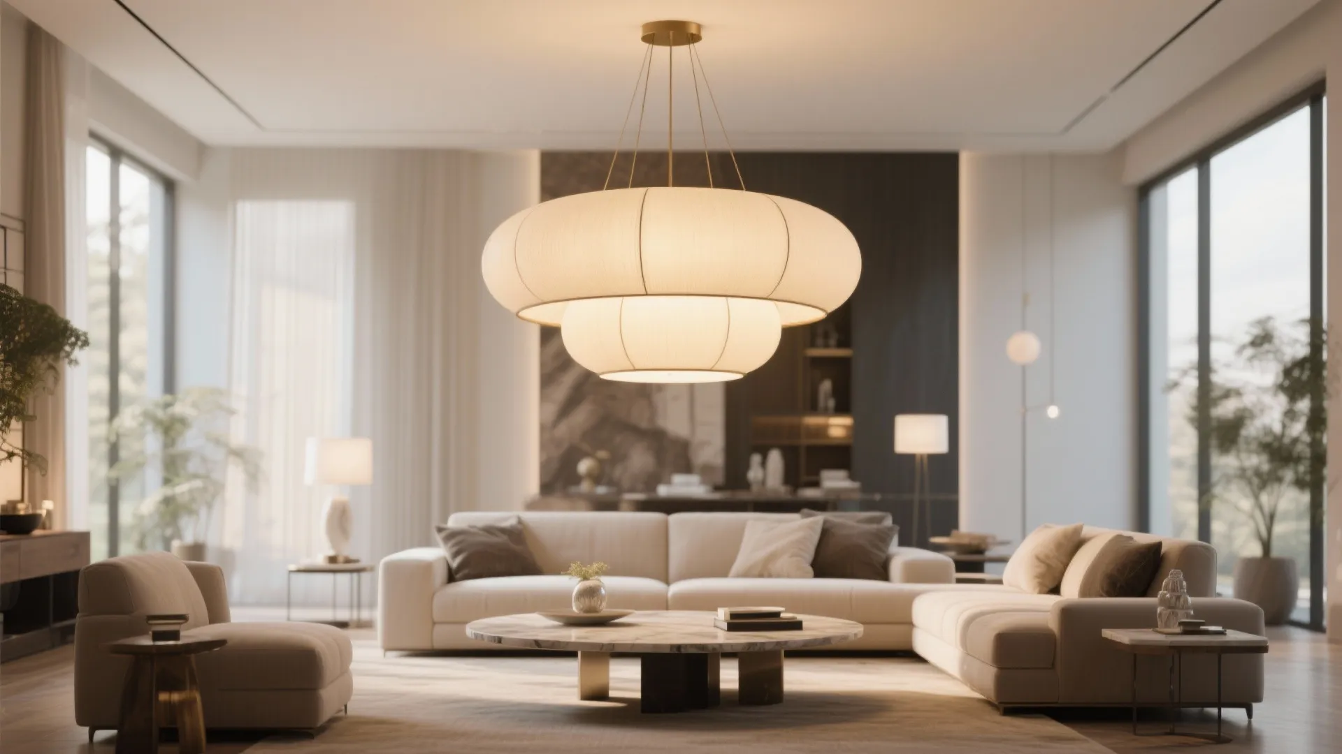 Bright open living room with a large white ceiling light over a modern sofa set