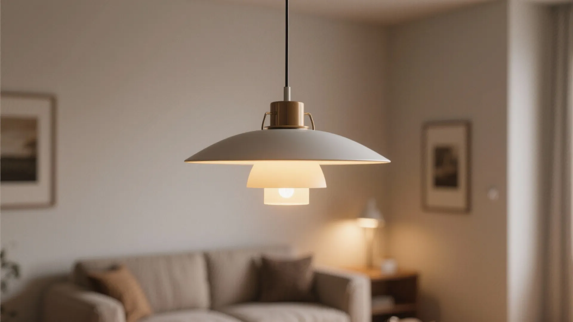 Modern white and gold ceiling light hanging in a living room with a beige sofa