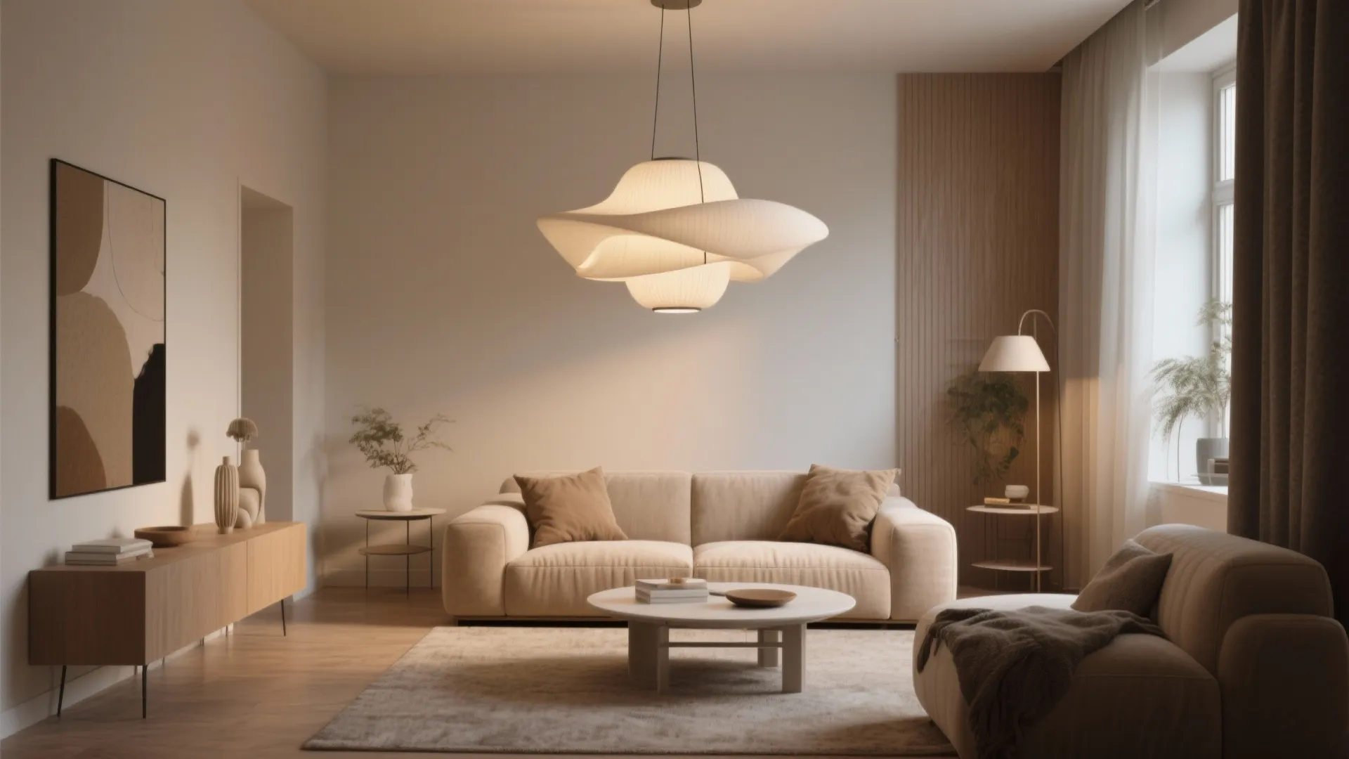 Living room featuring beige sofa, white ceiling light, round coffee table, and wooden wall panel
