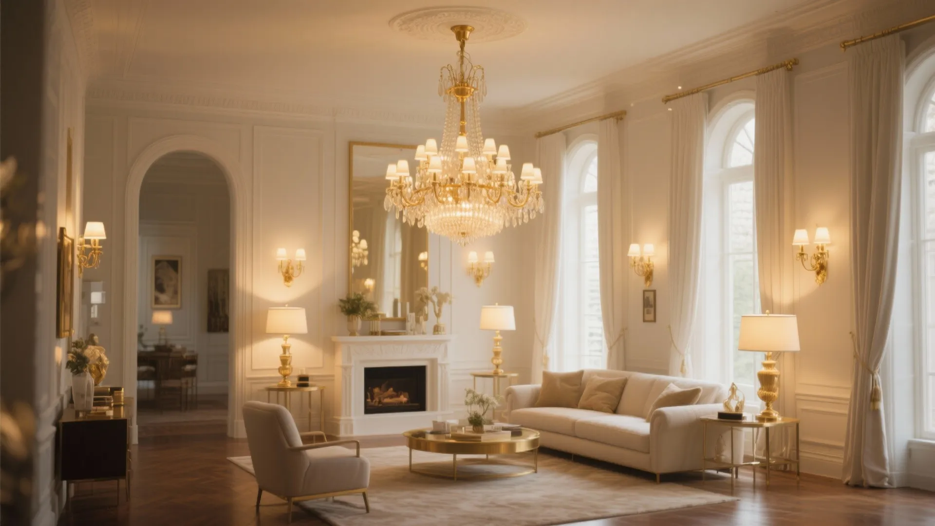 Elegant living room with large crystal ceiling light white sofa fireplace gold coffee table lights