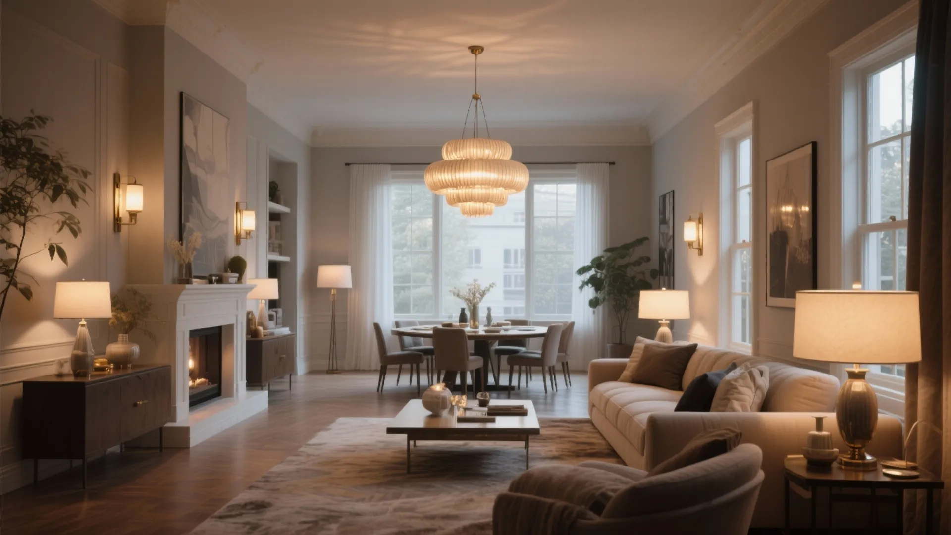 Elegant living room with a large ceiling light, fireplace, comfortable sofa, and dining table set