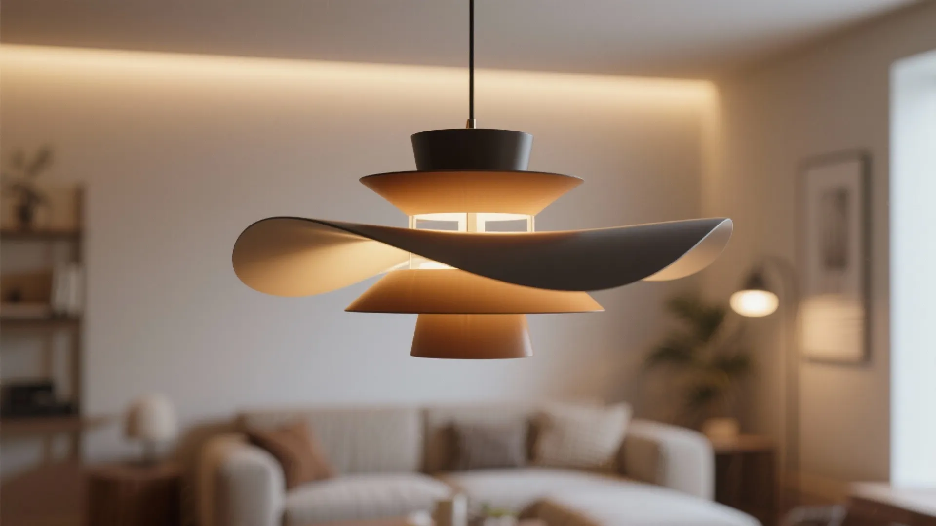 Modern ceiling light with unique curved design hanging in a cozy living room with soft lighting