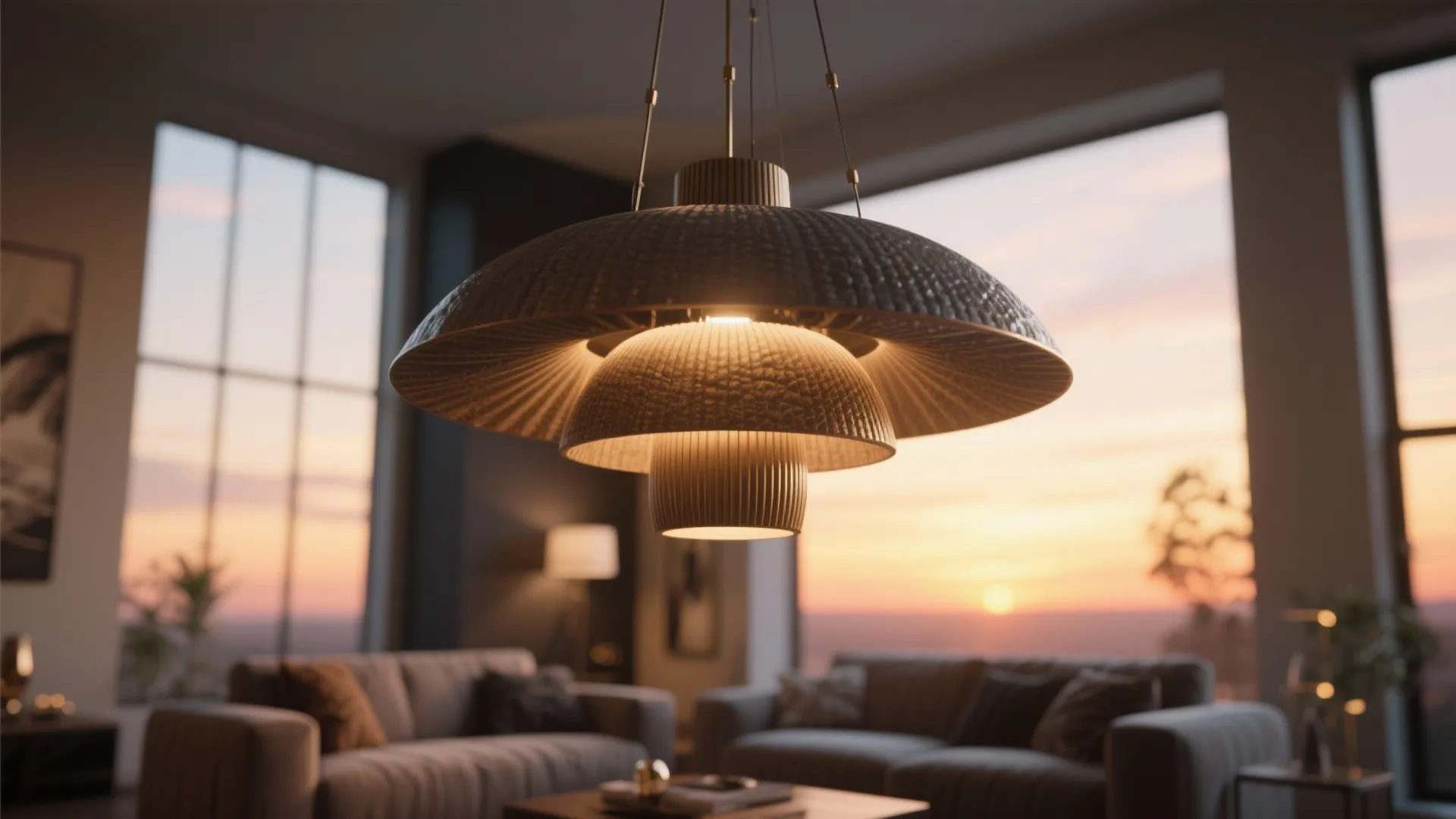 Large textured brown ceiling light hanging in a modern living room with sofas at sunset