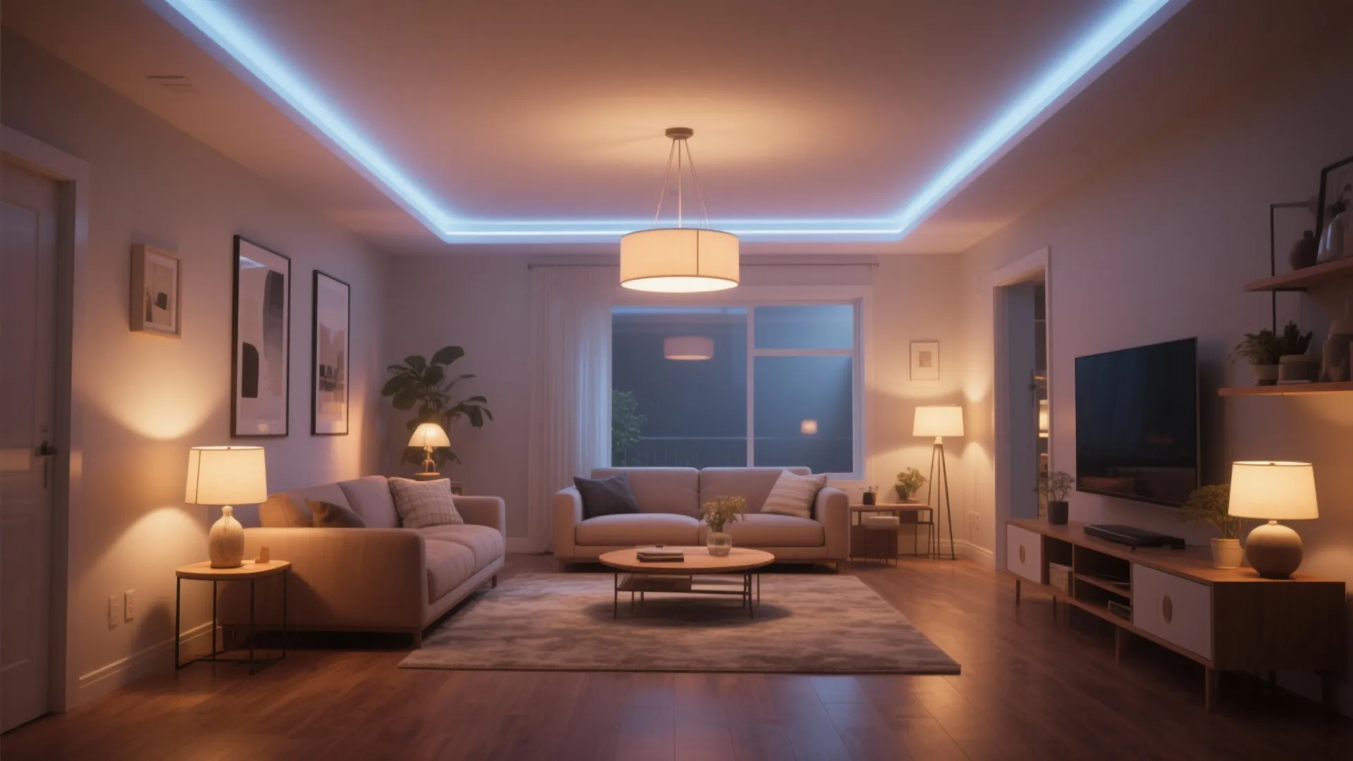 Living room with blue ceiling light strip central ceiling light warm lamps sofa and wooden floor