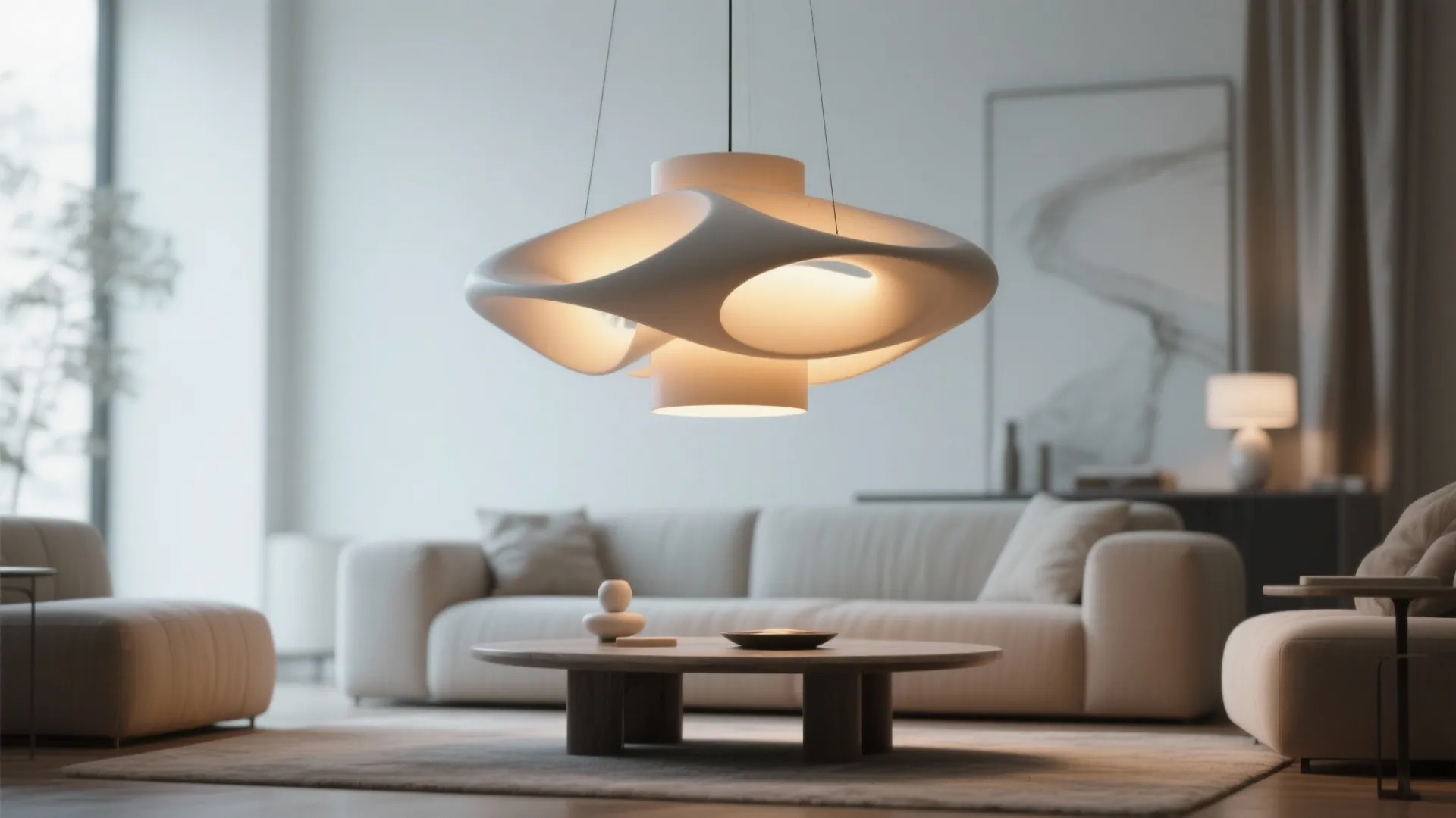 Living room with a large white modern ceiling light hanging over a round coffee table