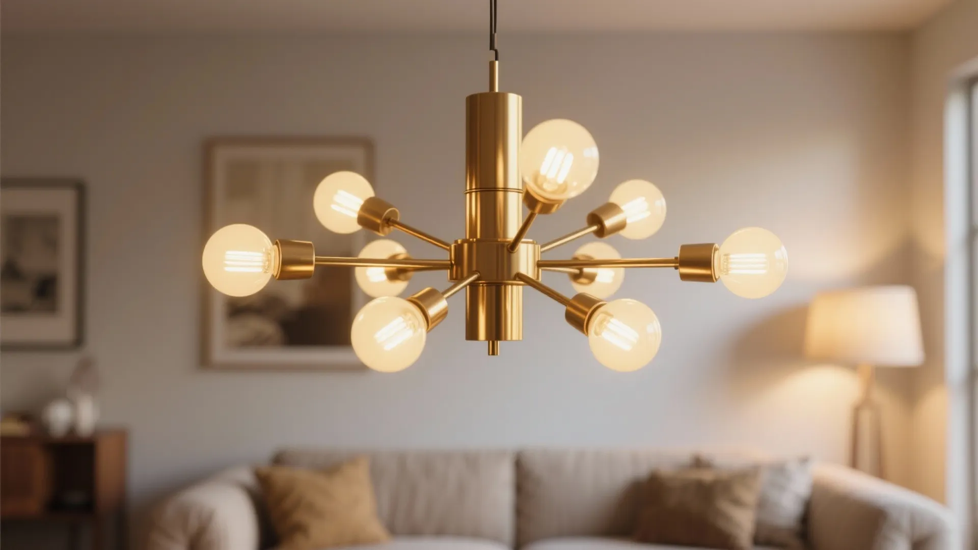 Modern gold ceiling light with many bulbs hanging in a living room above a sofa