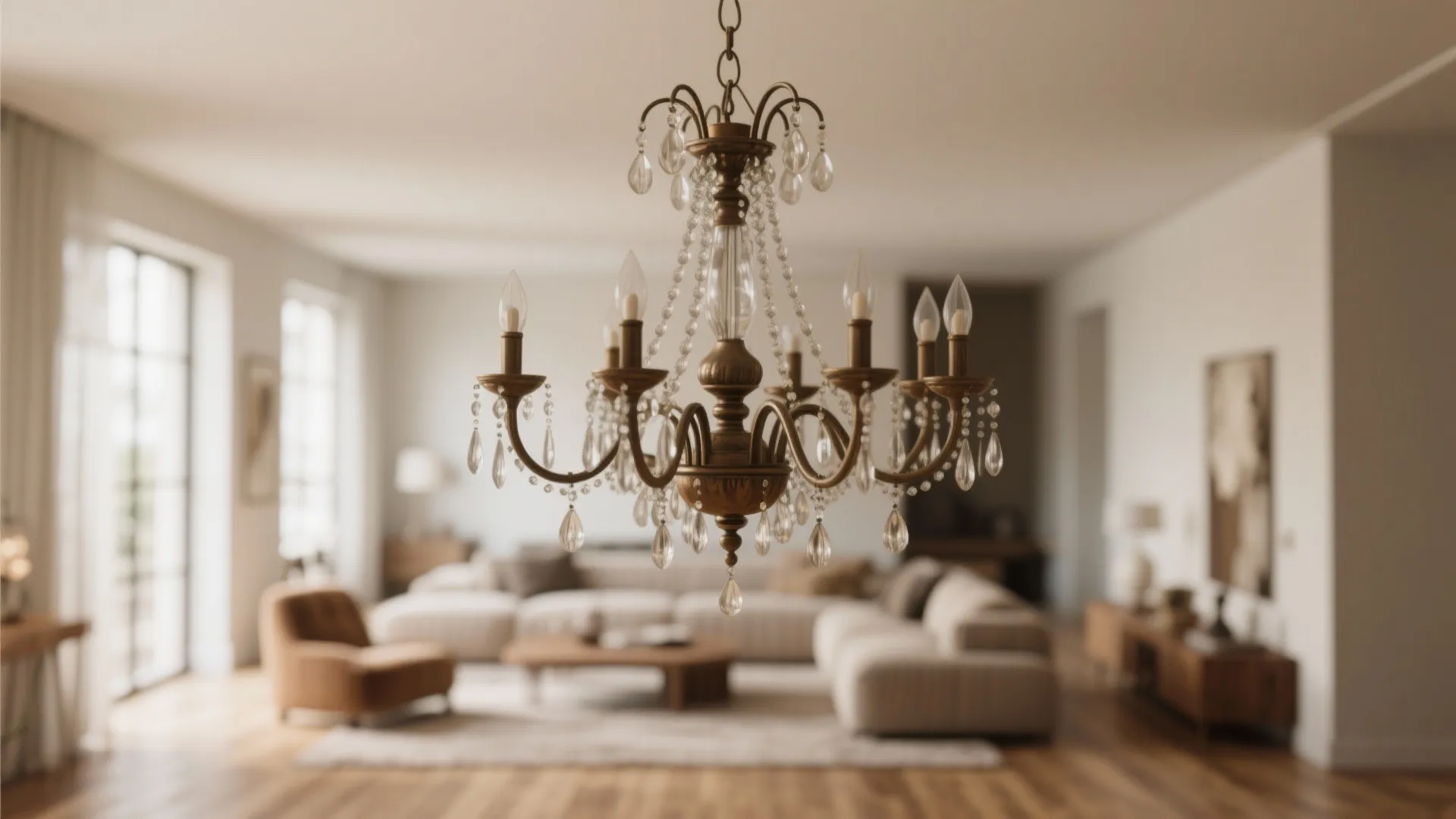 Classic brass ceiling light with glass crystals hanging above a blurred modern living room background