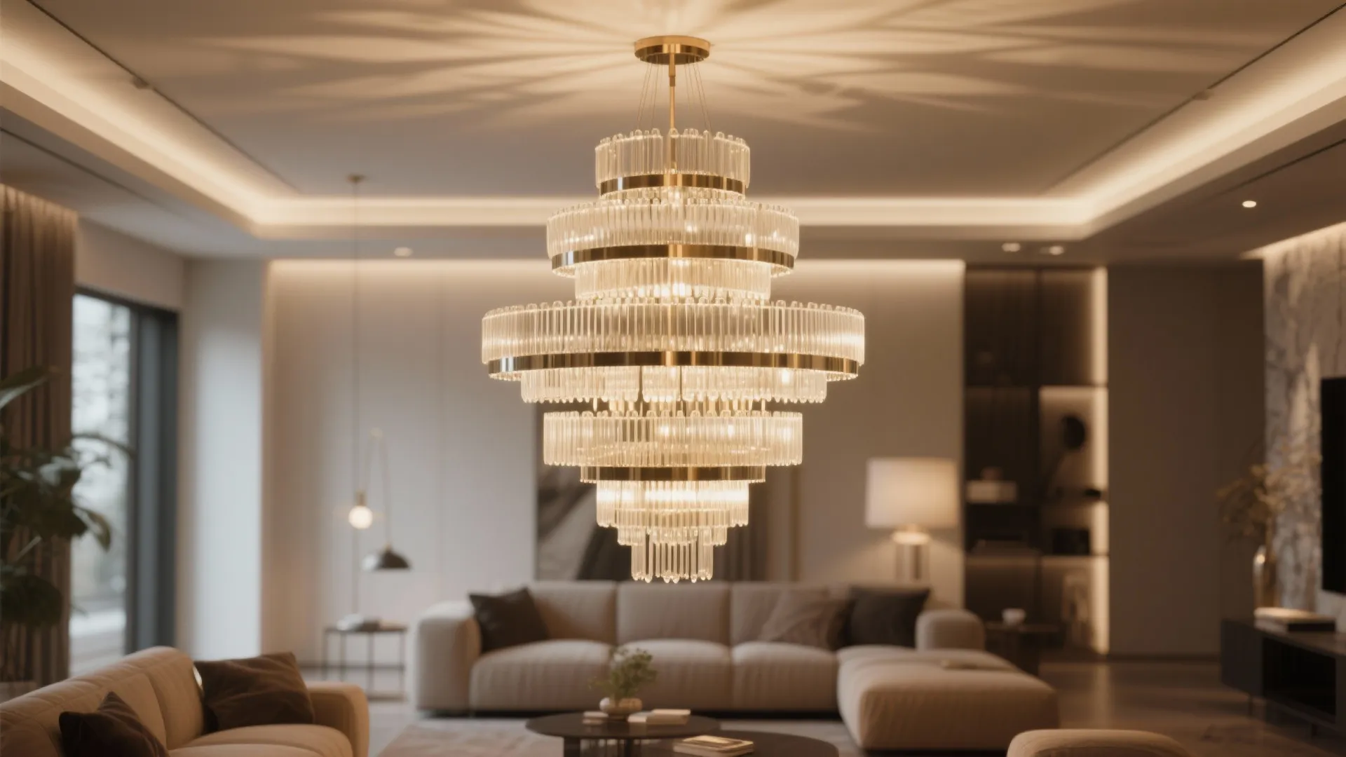 Large glass ceiling light hanging in a warm living room with sofa and soft wall lighting