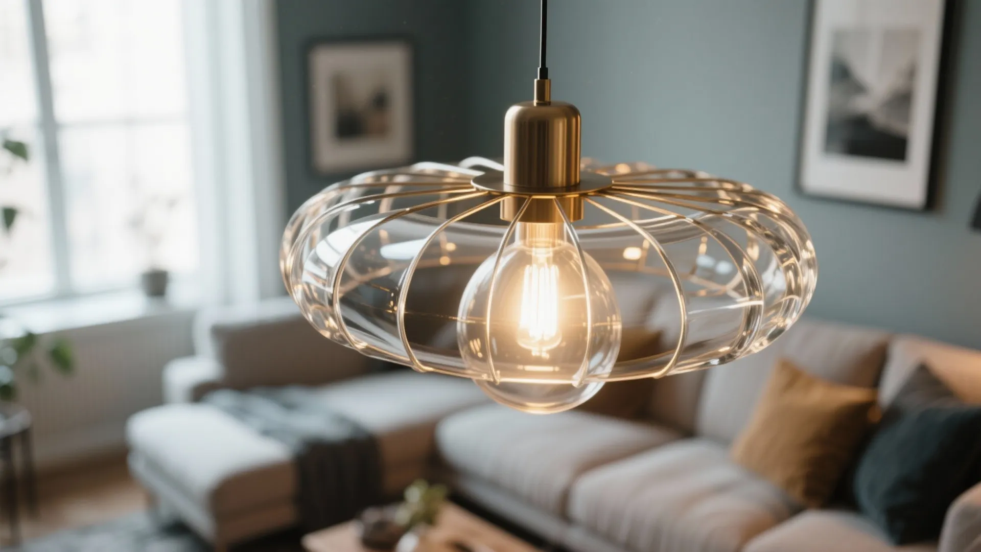 Close up of a glass ceiling light with gold metal frame hanging in a living room