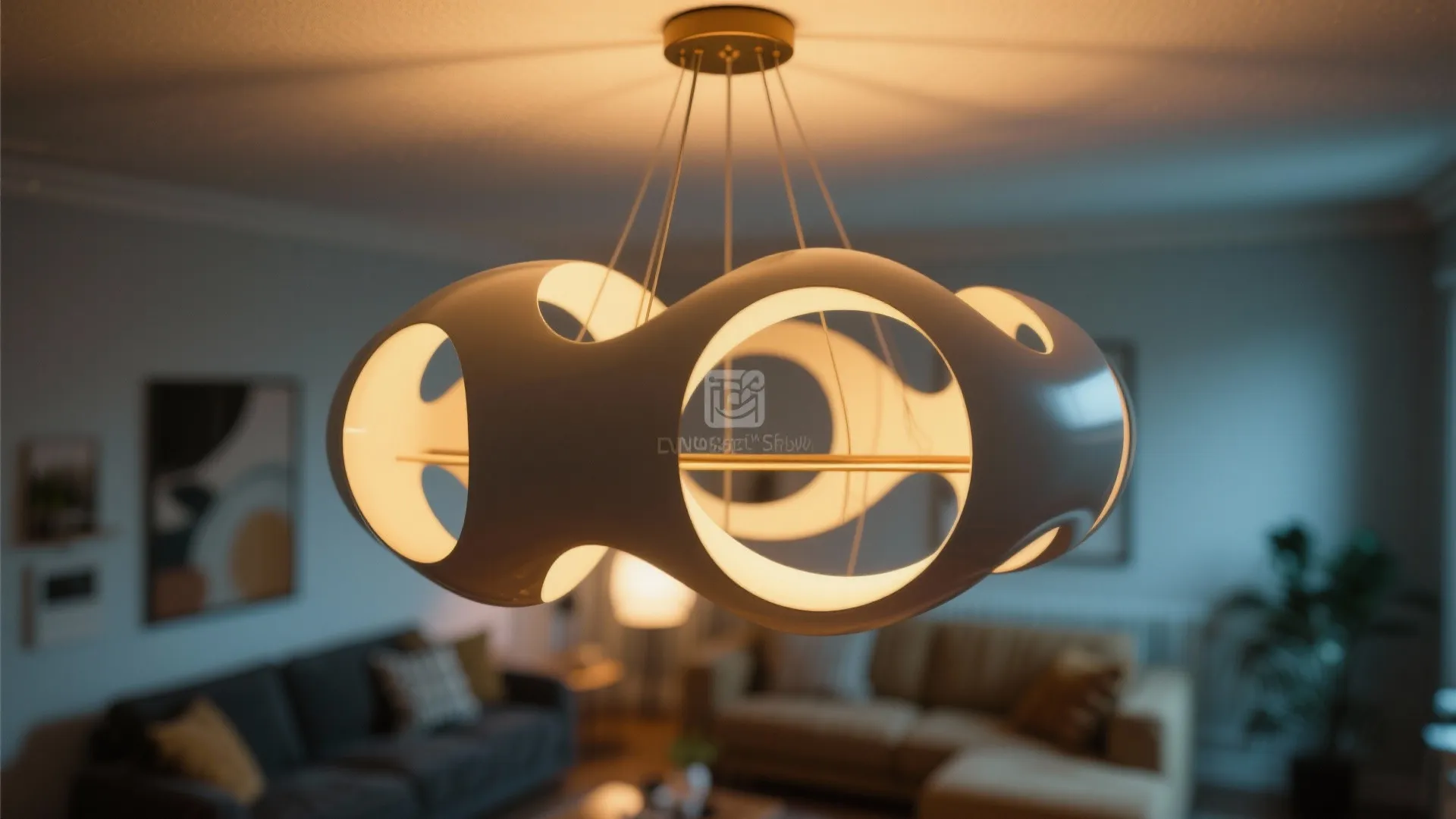 Modern white circular ceiling light hanging in a living room with blurred sofas and wall art