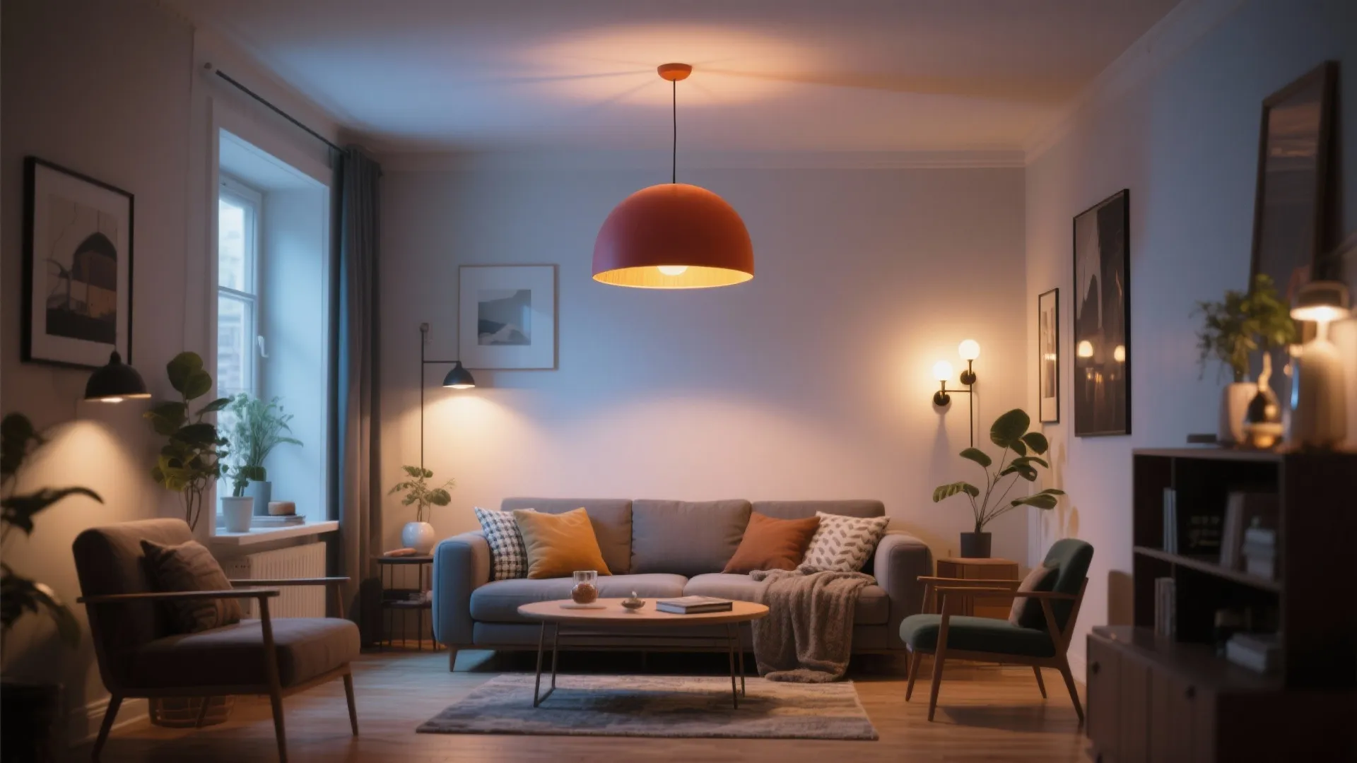 Modern living room with grey sofa orange ceiling light wall lights wooden floor and indoor plants