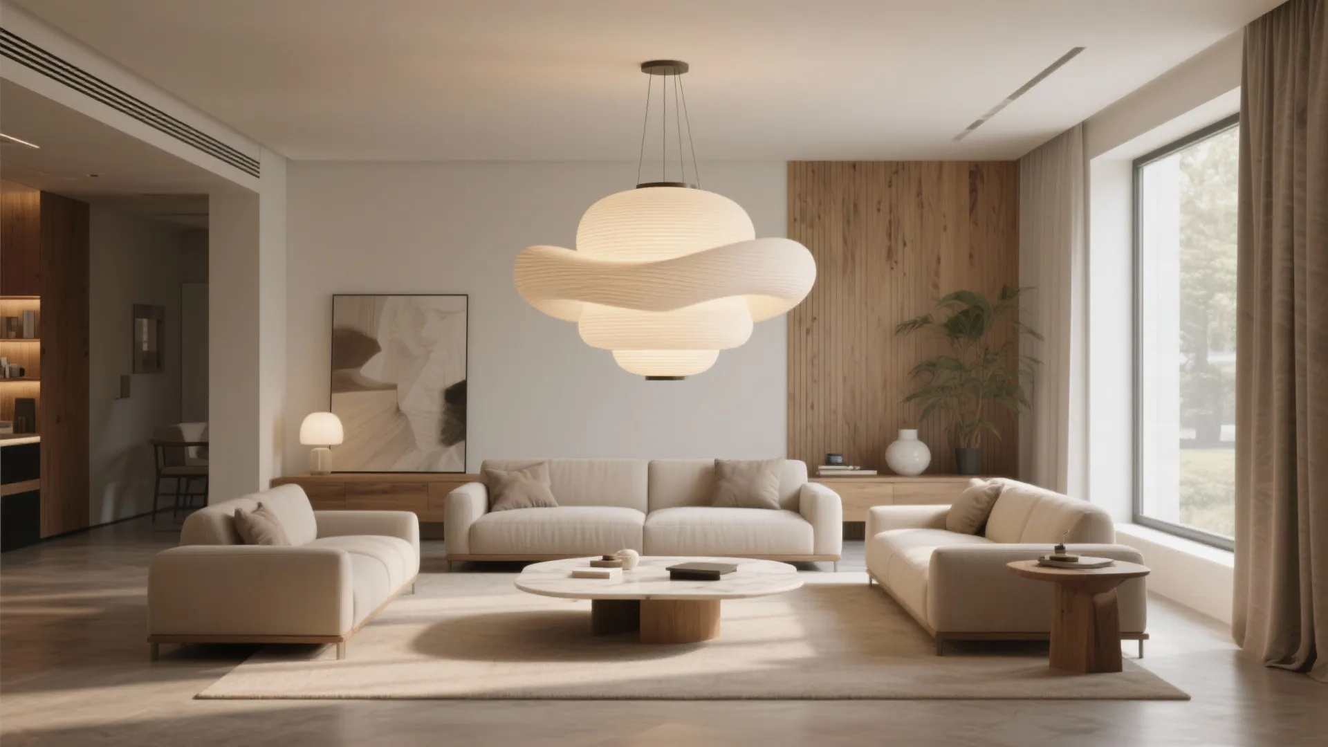 Large wavy white ceiling light hanging above beige sofas with marble table and wood wall