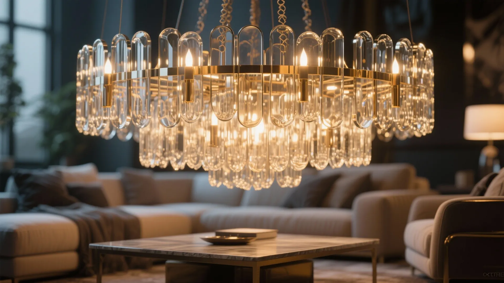 Modern gold ceiling light with glass tubes hanging over a marble table in living room