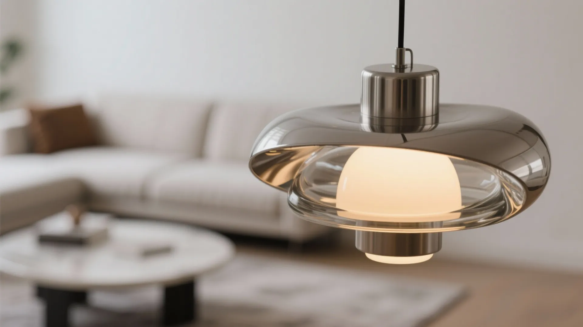 Modern silver ceiling light fixture hanging in a living room with sofa and coffee table
