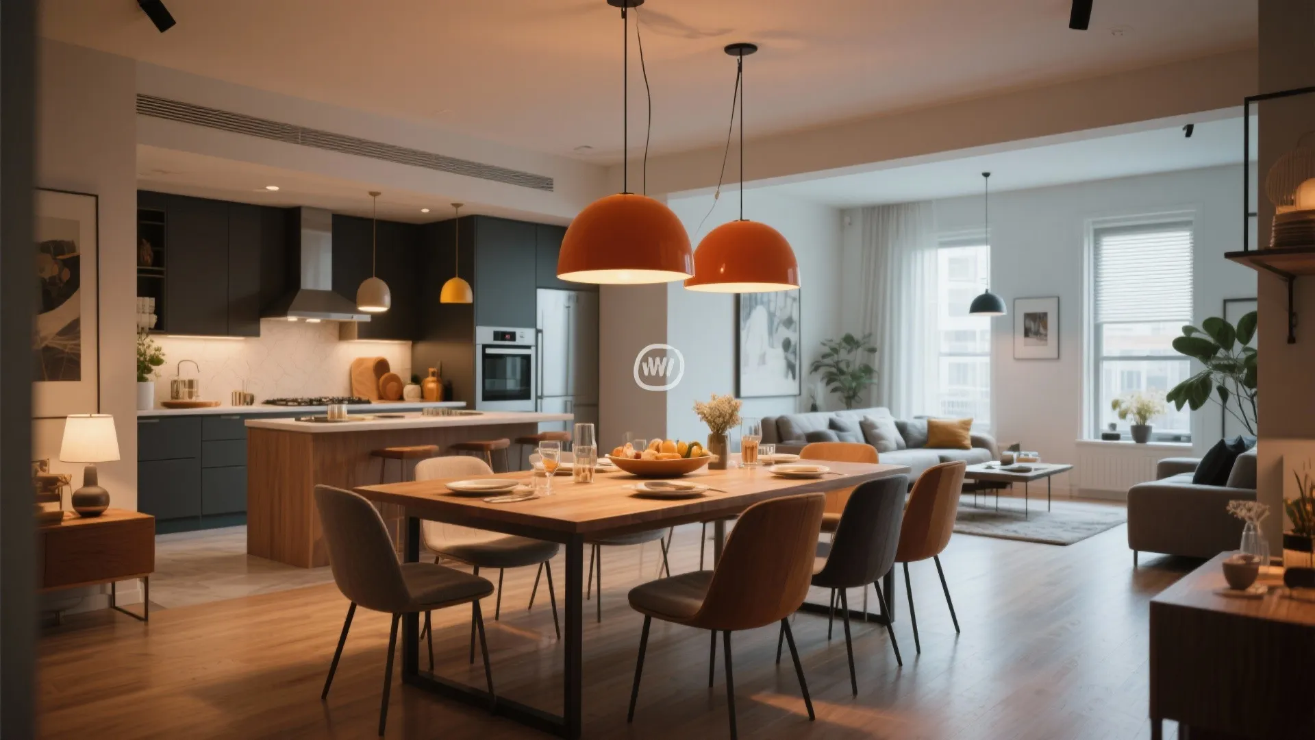 Modern dining room with wooden table orange ceiling lights grey chairs and a kitchen background