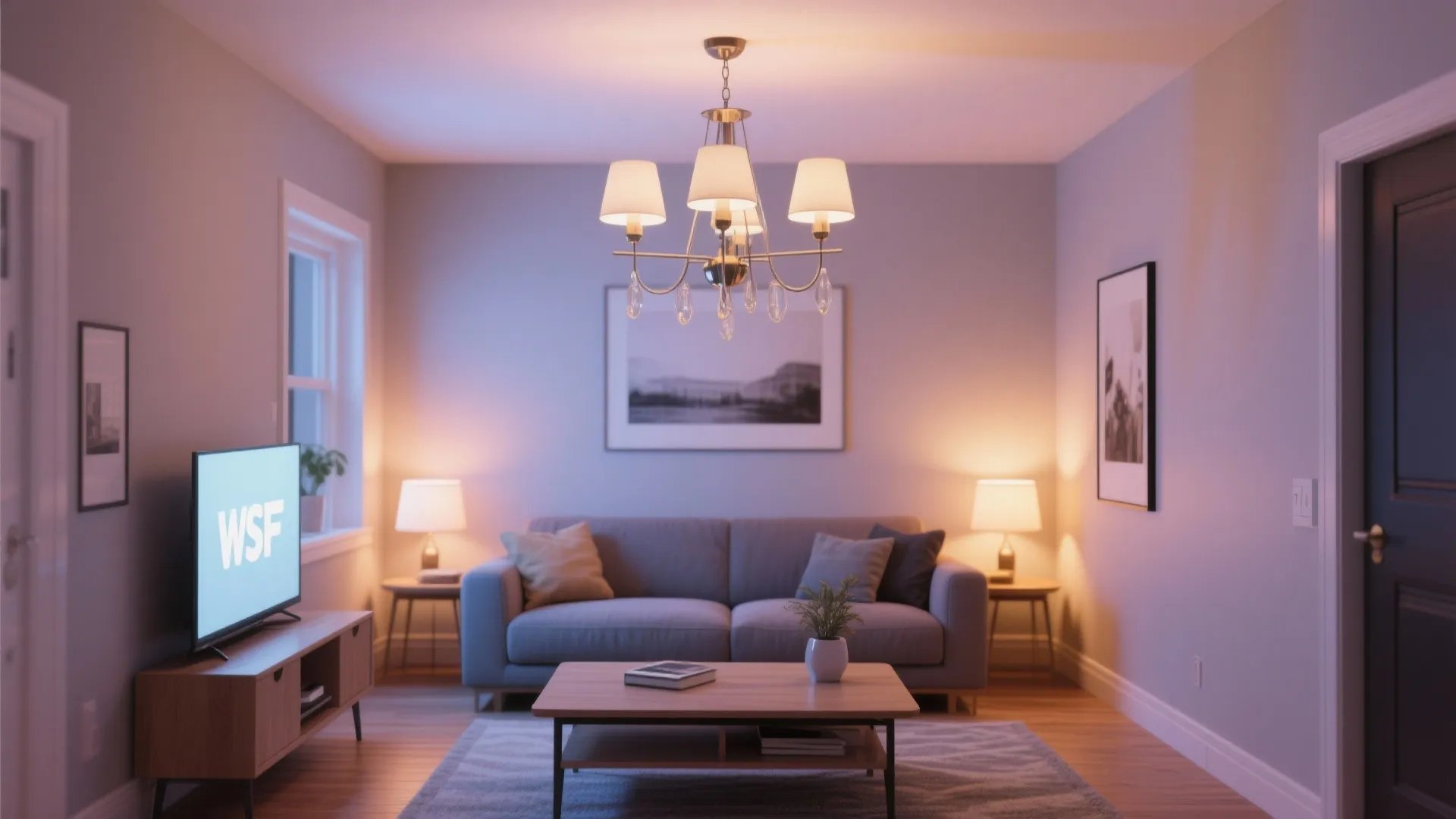 Cozy living room at night with a ceiling light, grey sofa, table, and side lamps