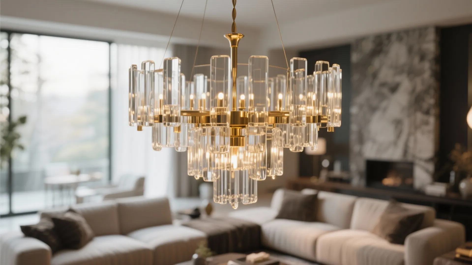 Modern chandelier as focal point in living room