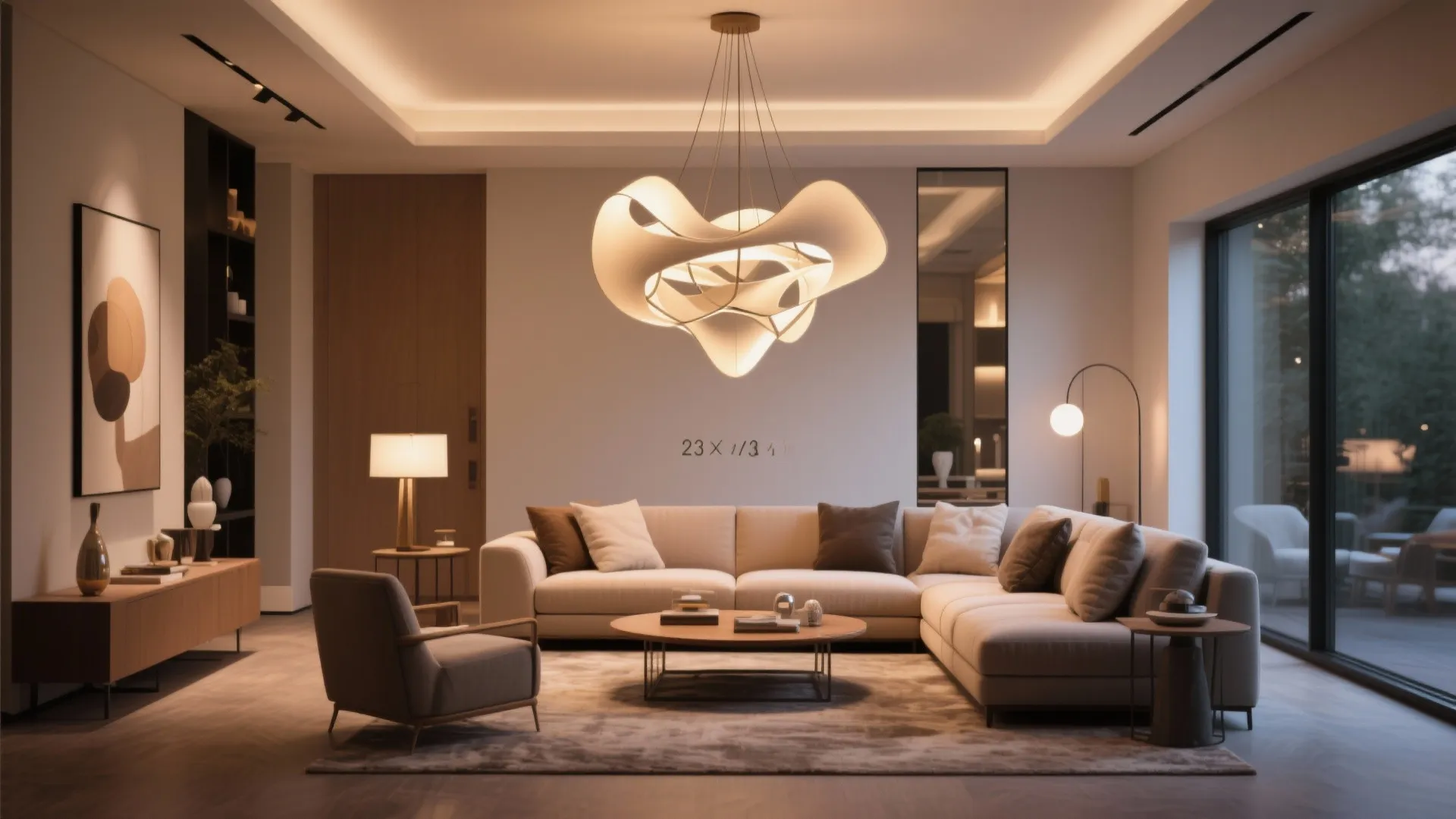 Modern living room with a large white sculptural ceiling light above a tan sectional sofa