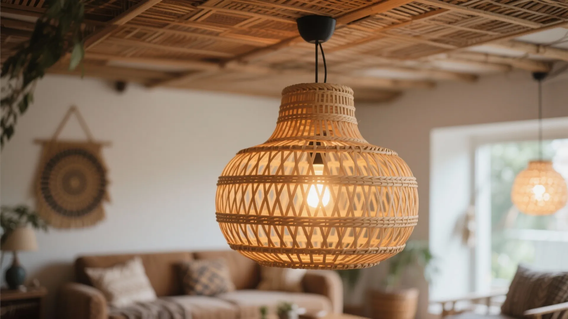 Woven wood ceiling light hanging in a warm living room with a comfortable brown fabric sofa