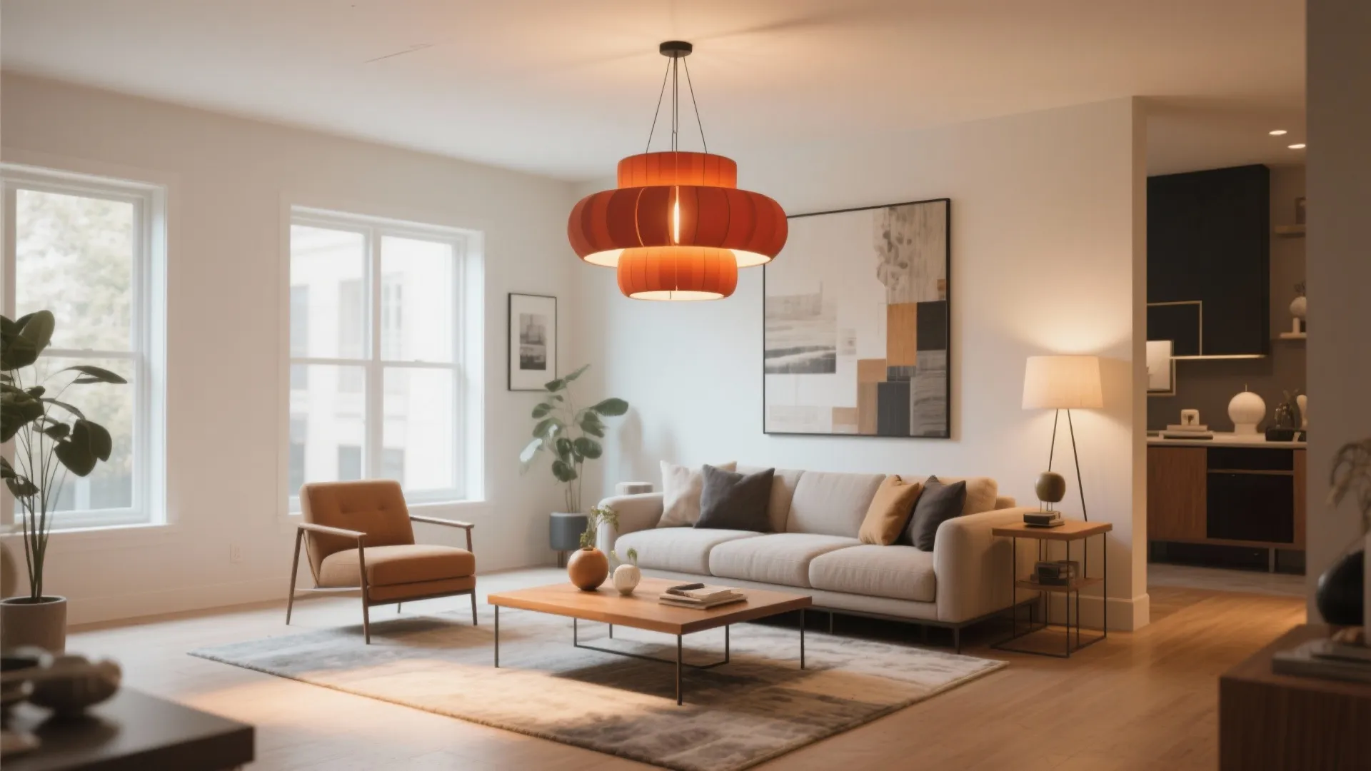 Modern living room with orange ceiling light grey sofa brown armchair wooden table and wall art
