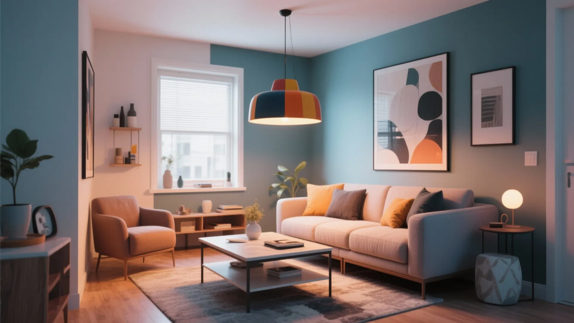 Modern living room featuring blue walls, beige sofa, colorful ceiling light, coffee table, and rug