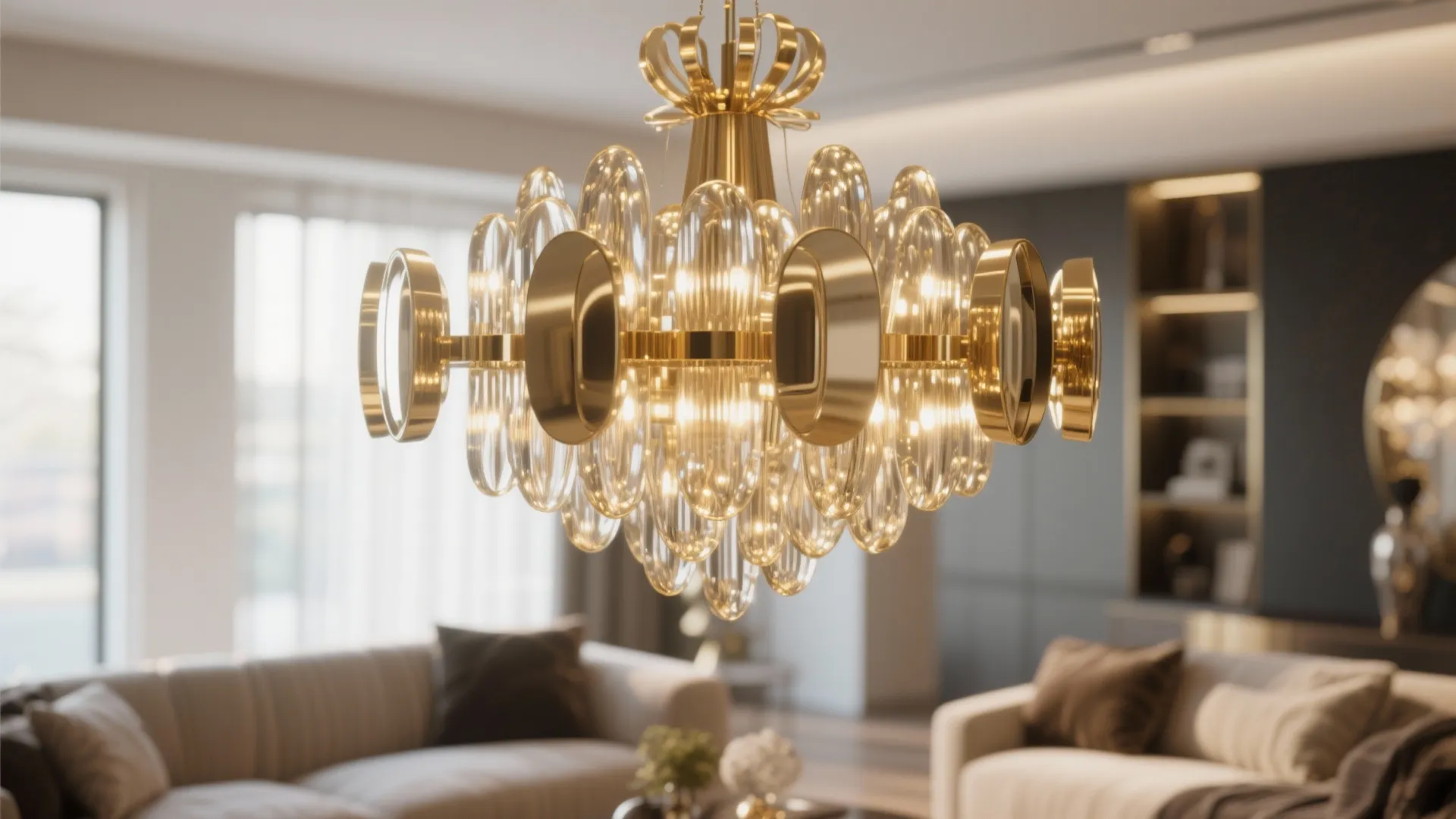 Luxury gold ceiling light with glass bulbs hanging in a stylish modern living room interior design