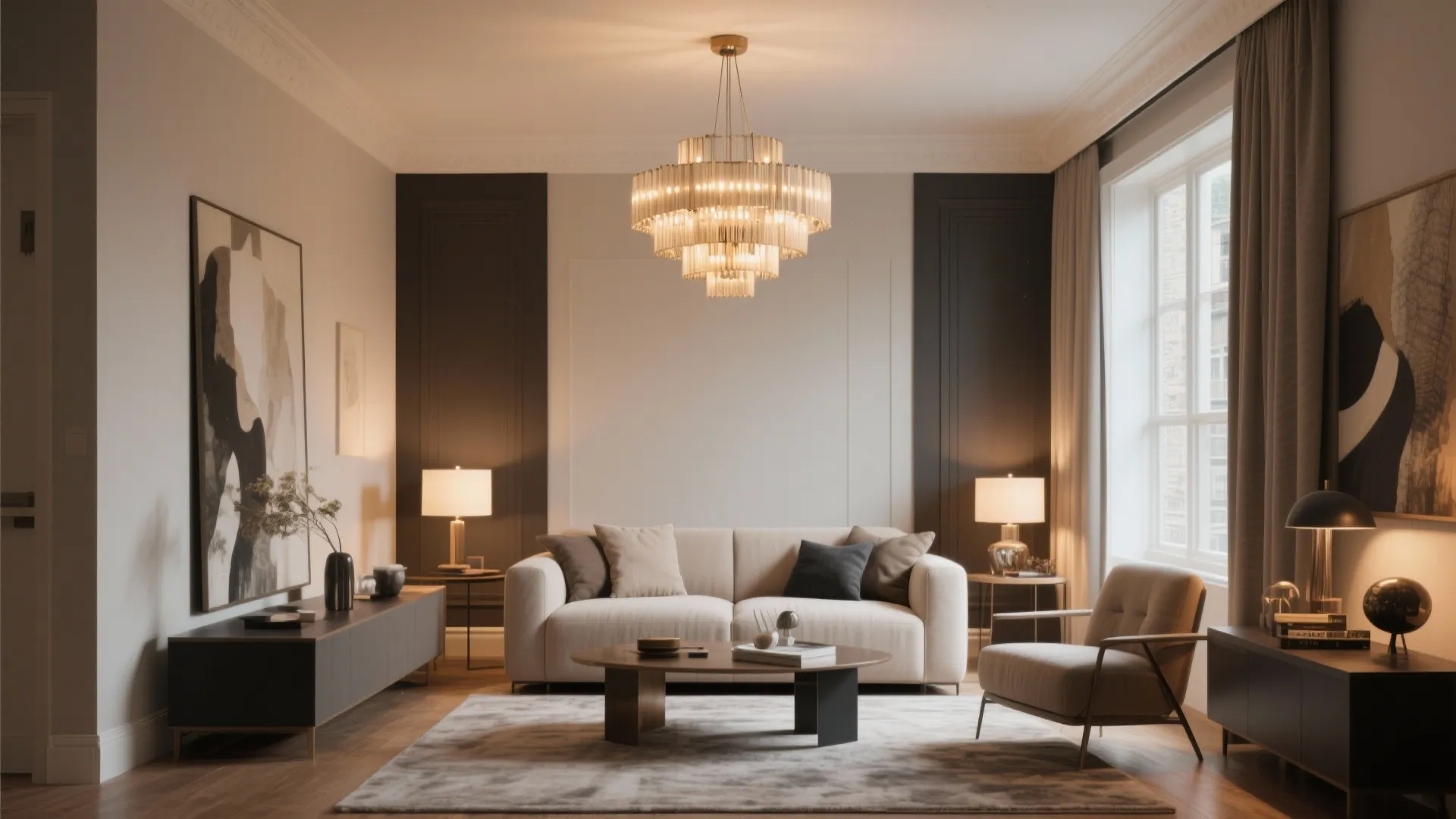 Elegant living room featuring a large tiered ceiling light cream sofa and two table lamps