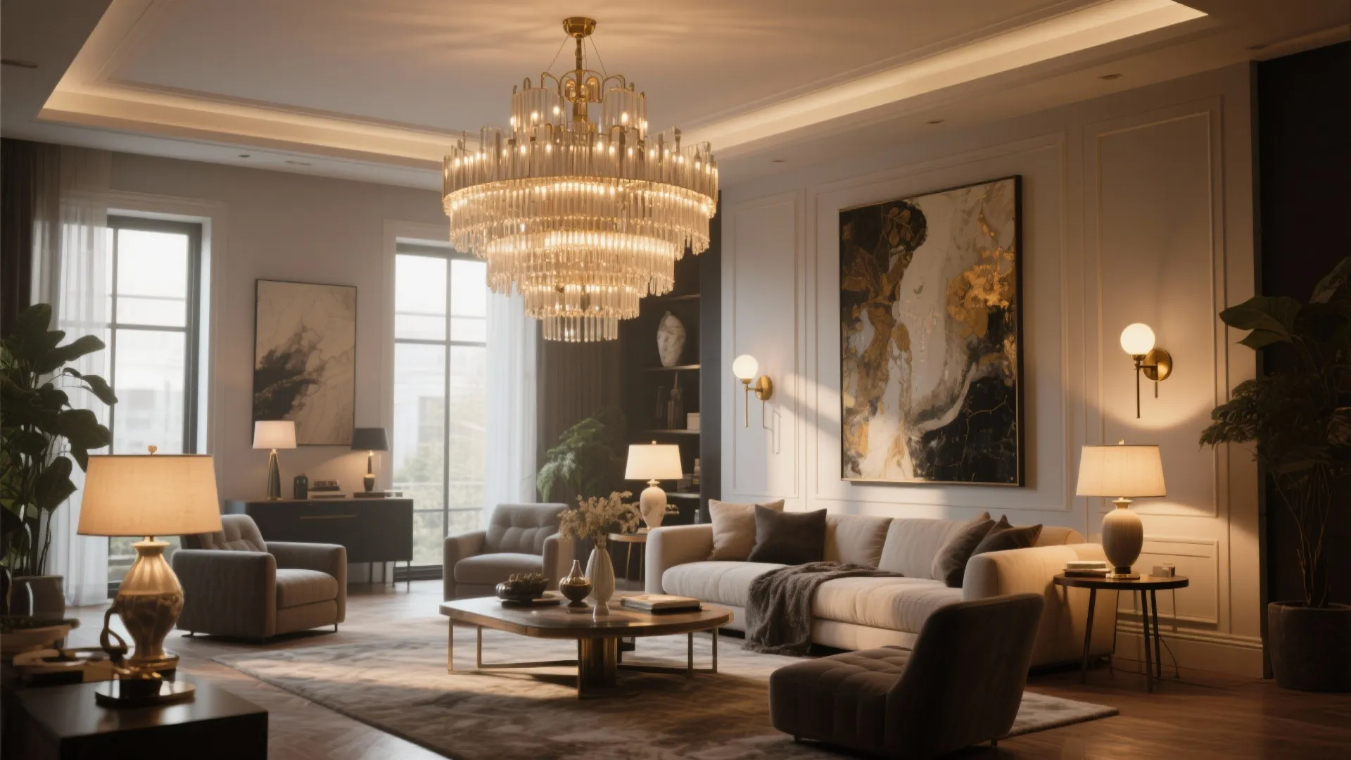 Elegant living room featuring a large crystal ceiling light, comfortable sofas, wall lights, and artwork