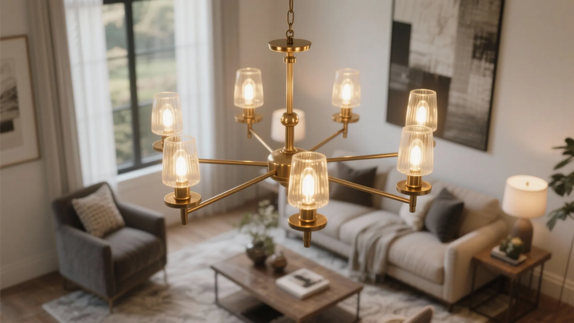 Gold ceiling light with glass shades hanging over a modern living room with sofa chair
