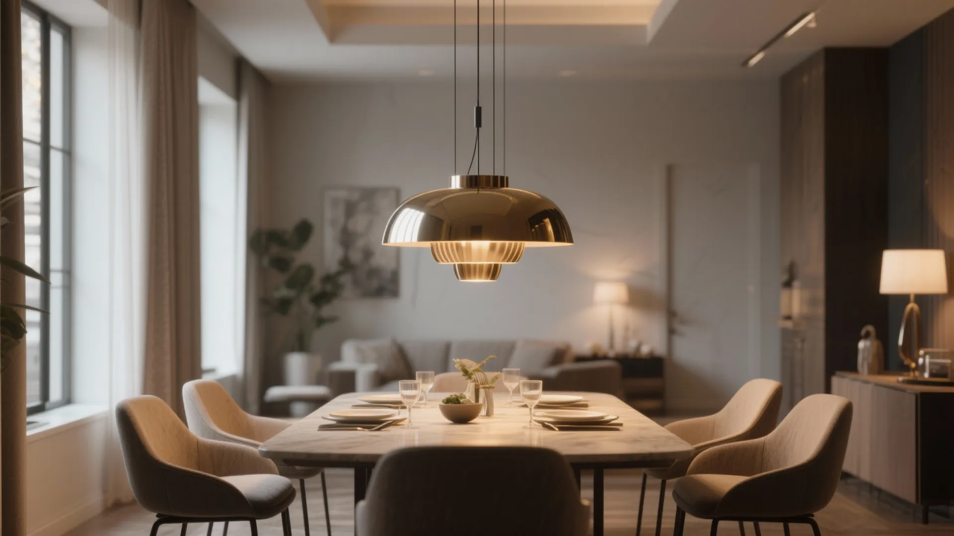 Modern dining room with a large gold ceiling light above a table with place settings
