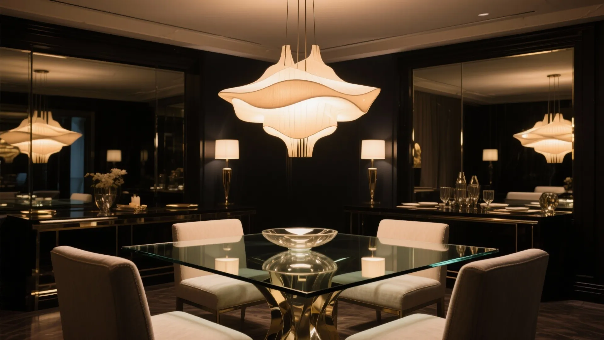 Modern dining room with large white ceiling light glass table white chairs and dark walls