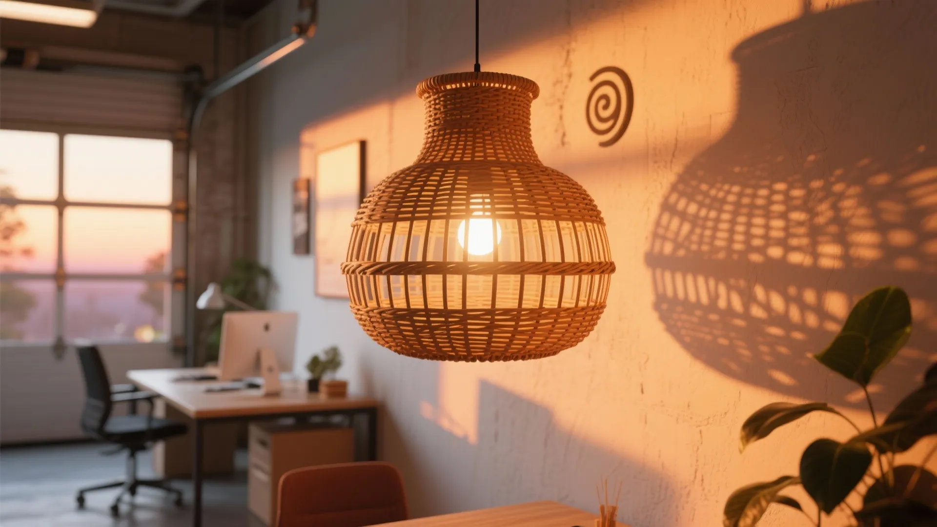 Woven basket ceiling light glowing in home office during sunset with long shadows on wall