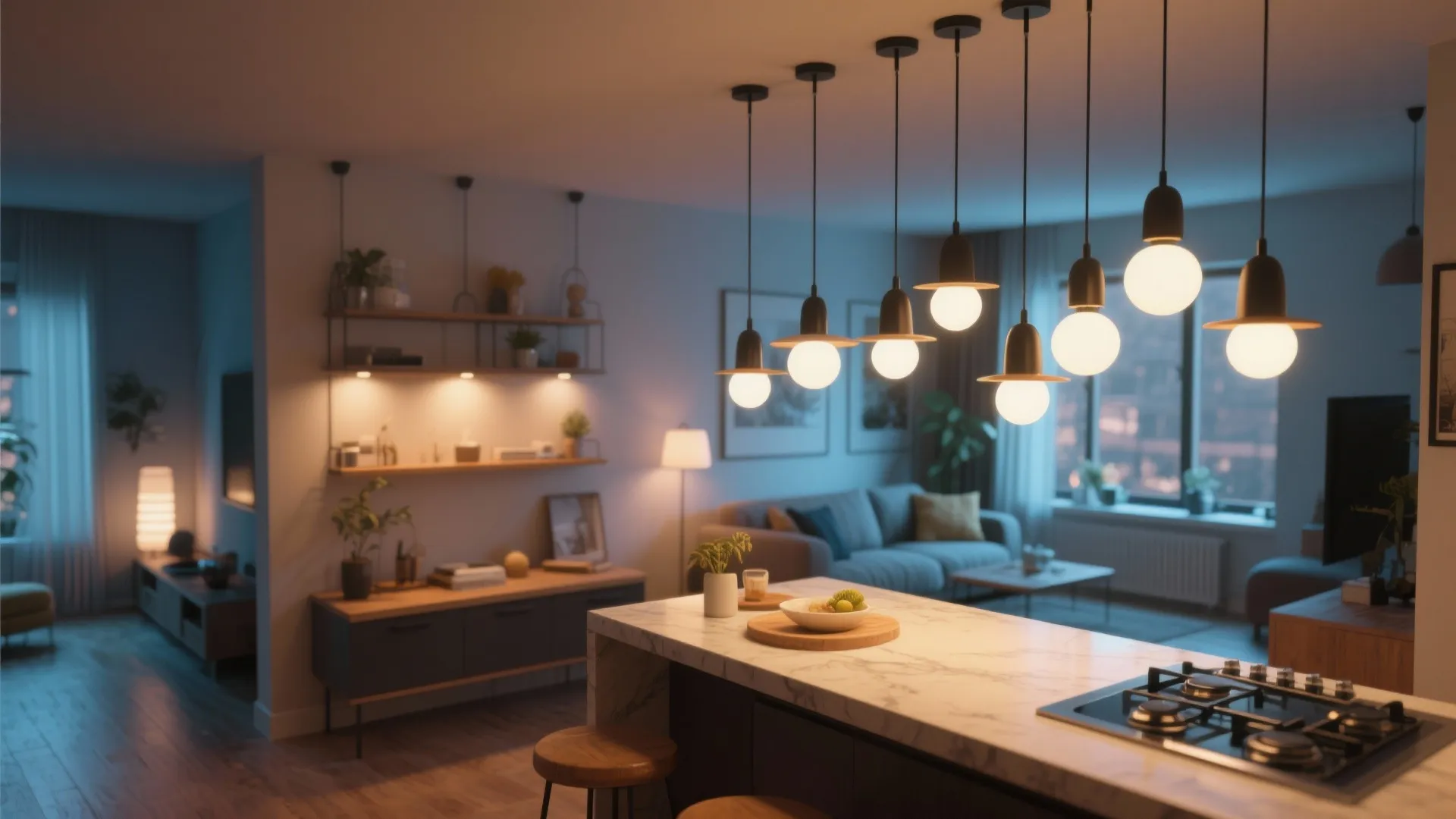 Modern kitchen island with marble countertop featuring several round hanging ceiling lights in a room