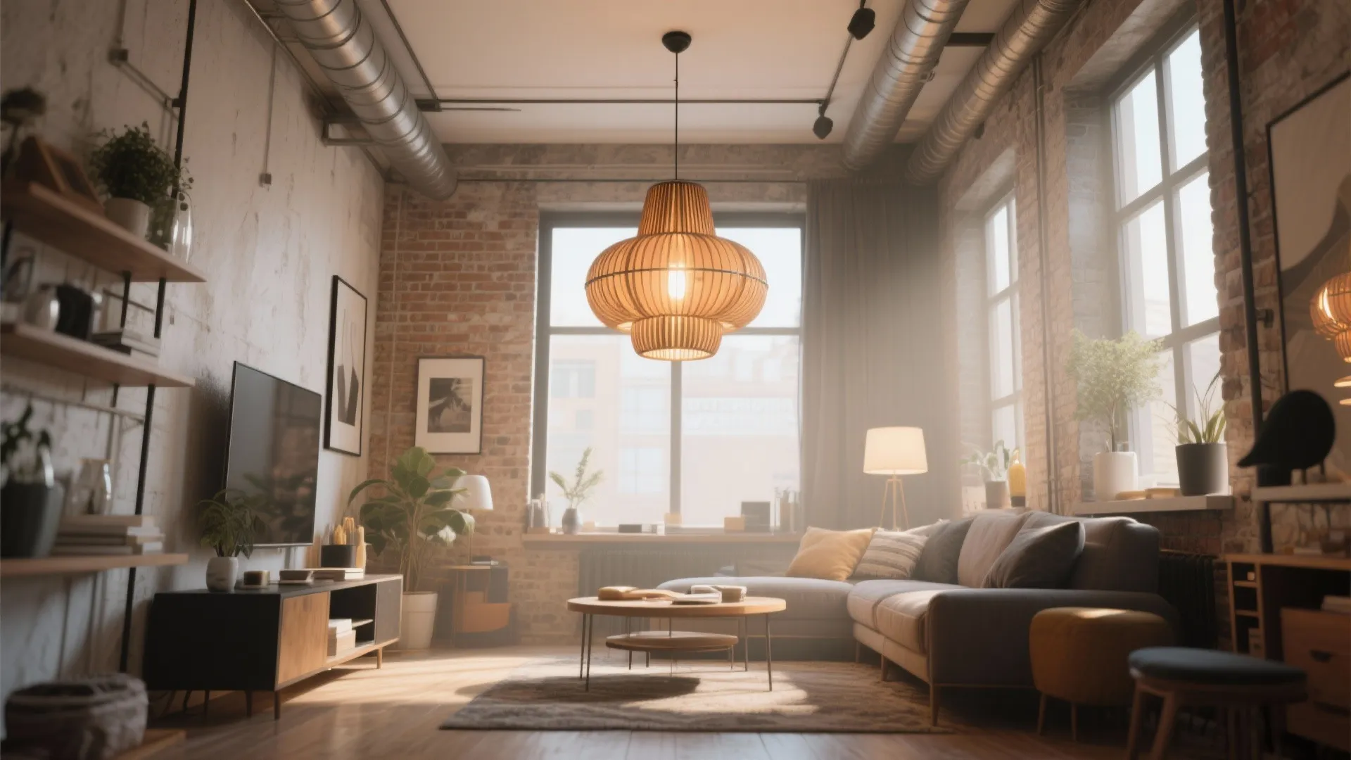 Industrial living room with brick wall large wooden ceiling light grey sofa and wood floor