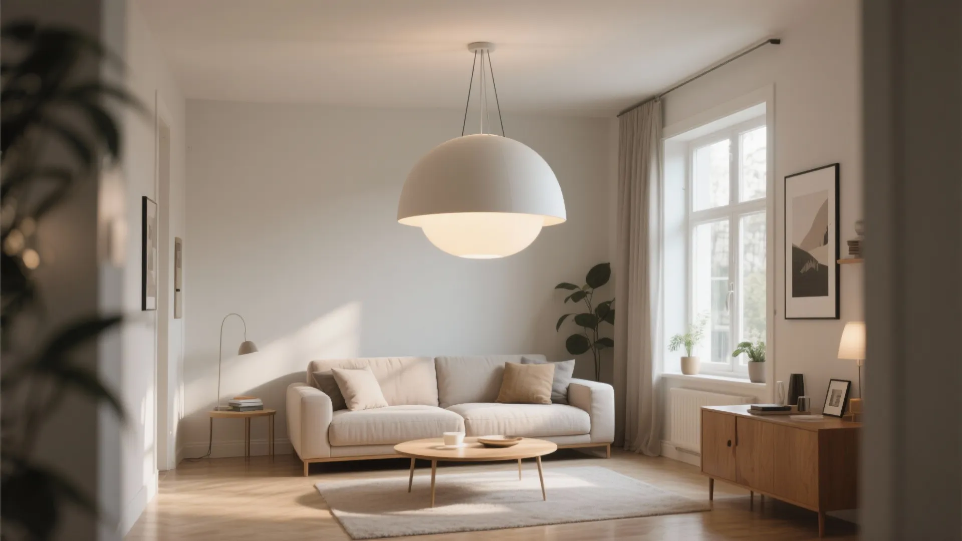 Minimalist living room with large white ceiling light over a beige sofa and wood cabinet