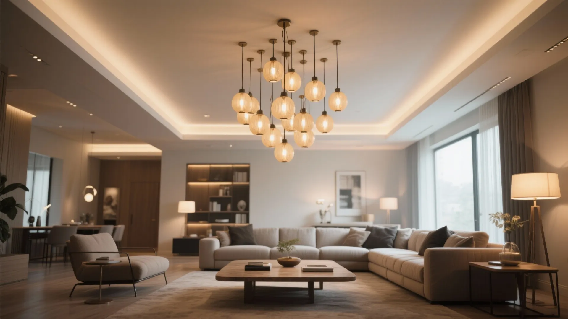 Modern spacious living room with large cluster ceiling light large beige sofa and warm interior lighting