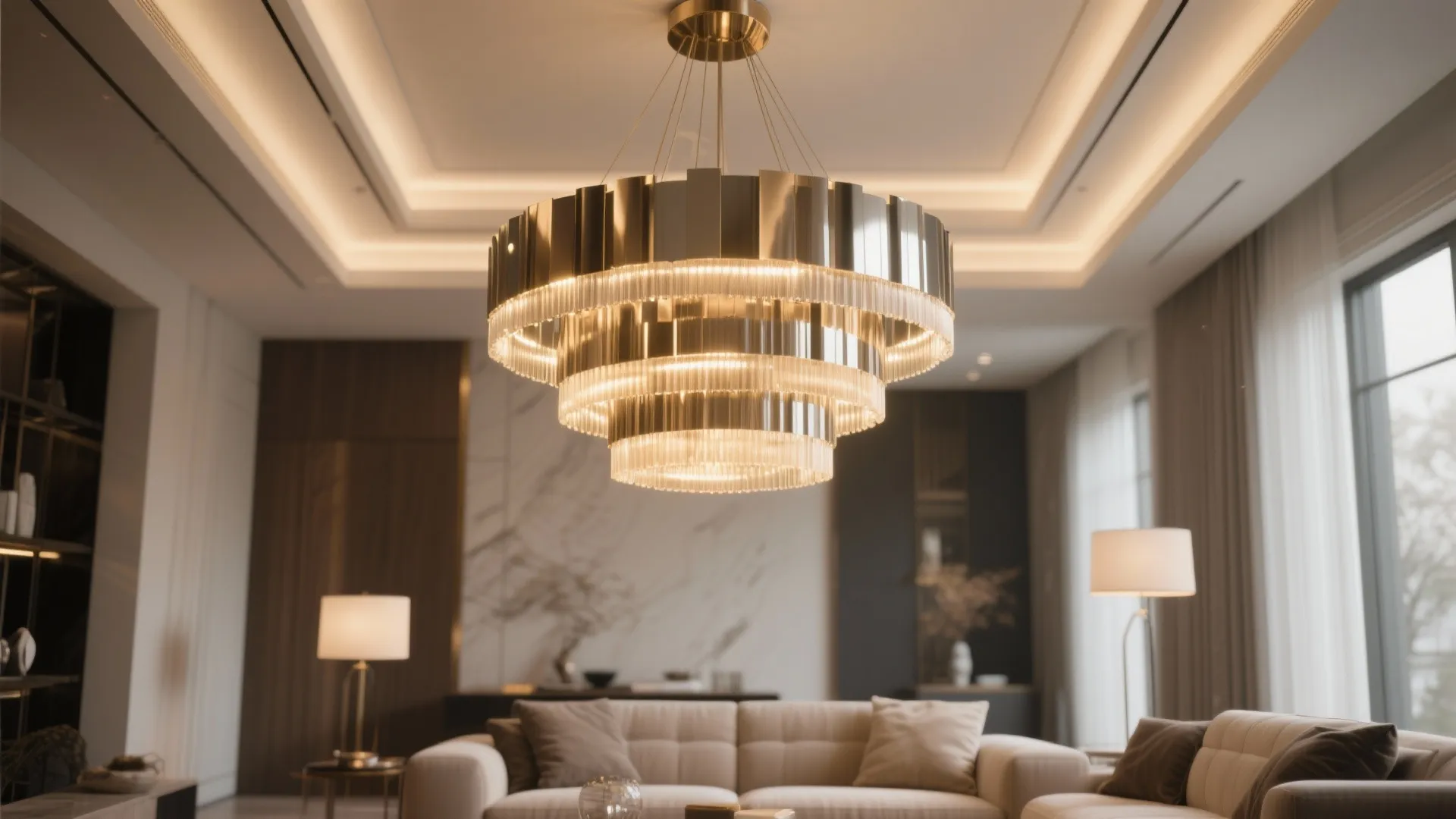 Large round tiered gold ceiling light hanging in a luxury living room with white sofa
