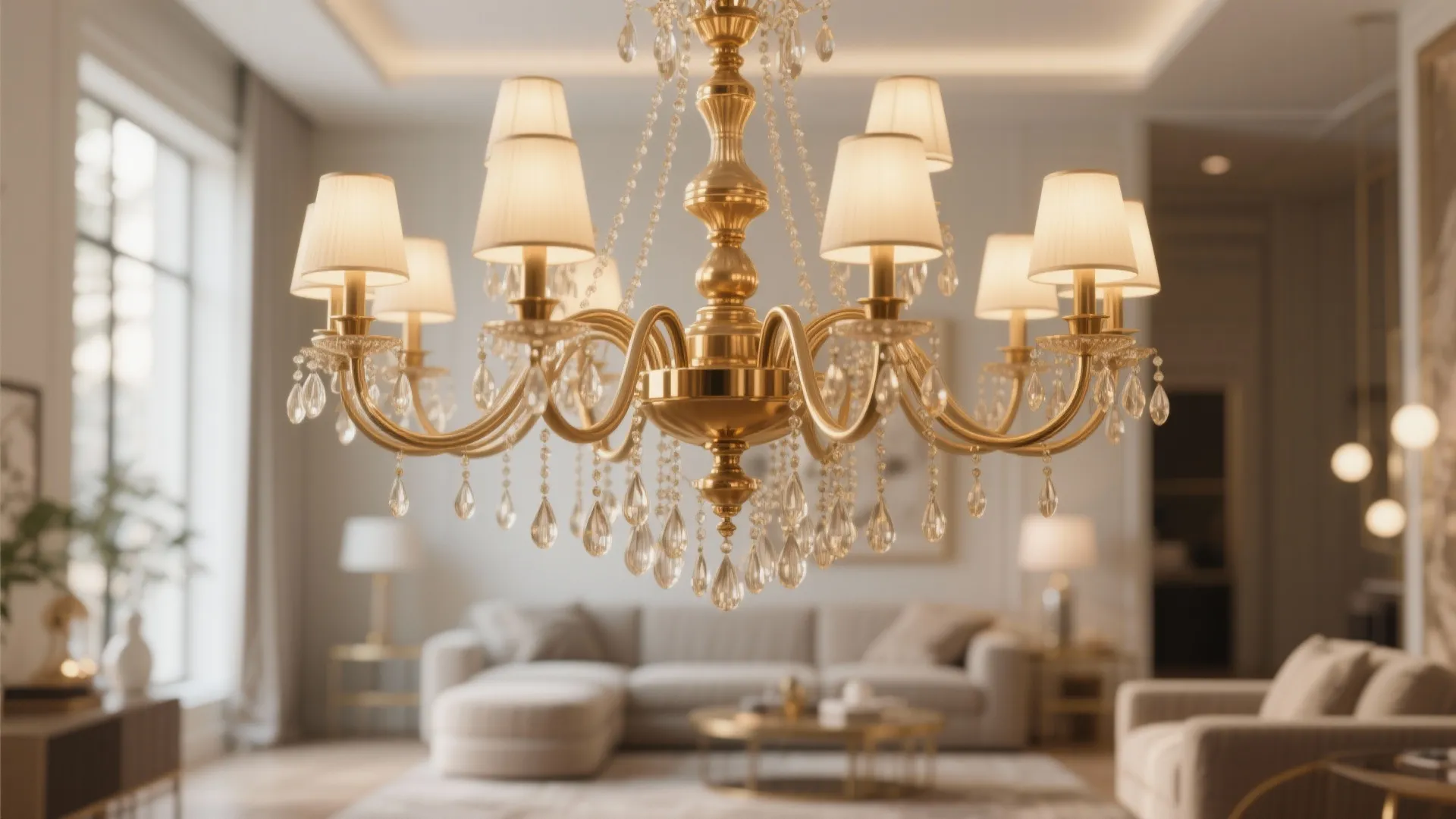 Elegant gold ceiling light with crystal drops hanging in a bright modern luxury living room
